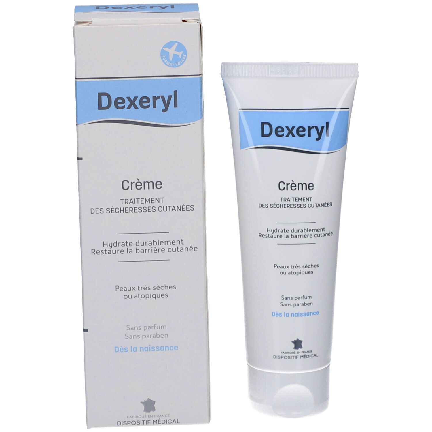 Emballage du produit avec tube et boîte. Sur la boîte : Dexeryl Crème, traitement des sécheresses cutanées. Sans parfum.