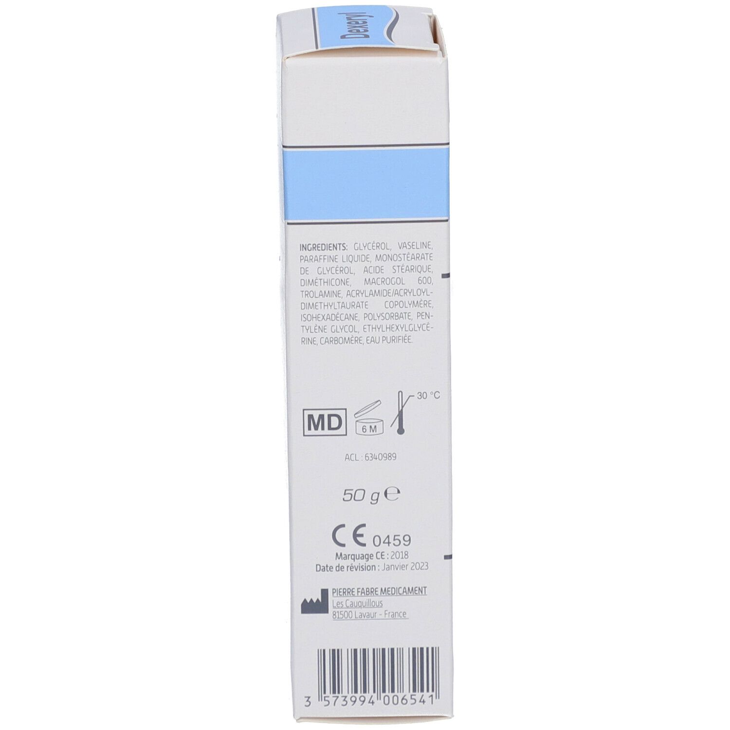 Dos de l'emballage carton. Texte : Ingrédients, numéro de lot, date de péremption, 50 g. Marquage CE.
