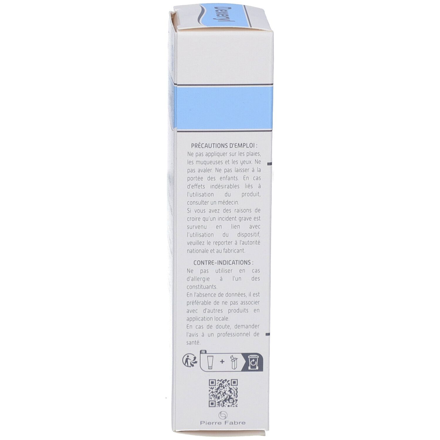Côté de l'emballage carton. Texte : Précautions, contre-indications, code QR, informations fabricant.