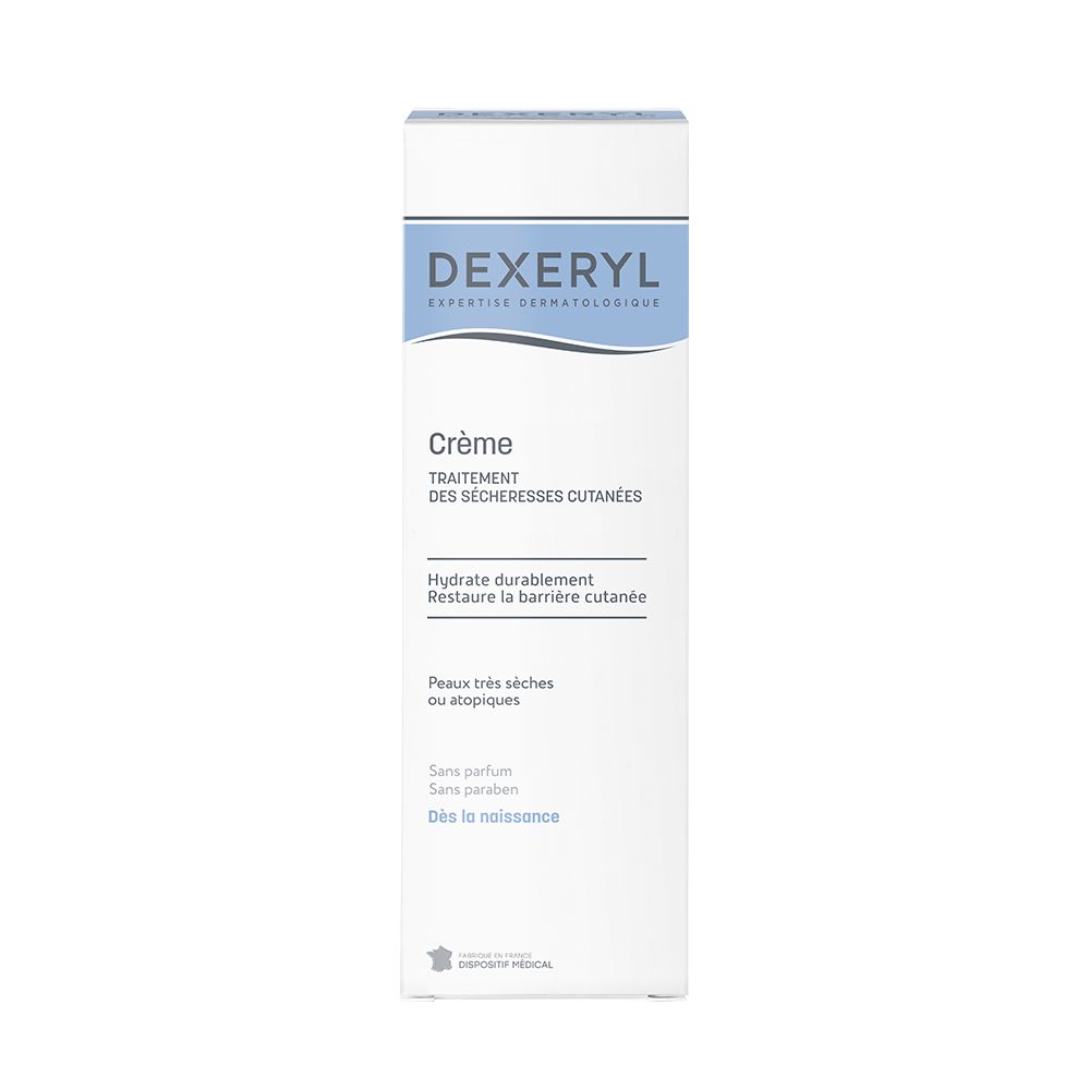 DEXERYL Crème, tube. Traitement sécheresse cutanée. Étiquette blanche, texte bleu. Sans parfum. Dès la naissance.