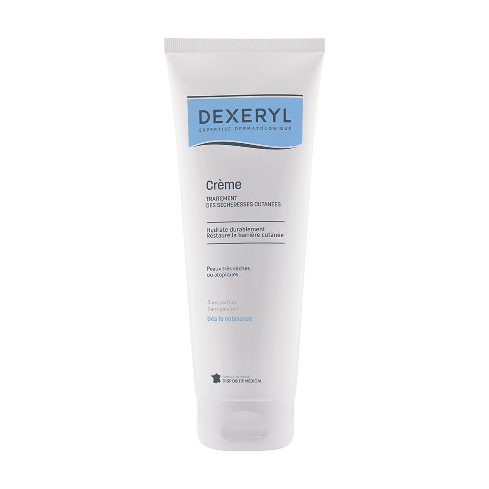 DEXERYL Crème, tube. Traitement sécheresse cutanée. Tube blanc, texte bleu. Sans parfum. Dès la naissance.