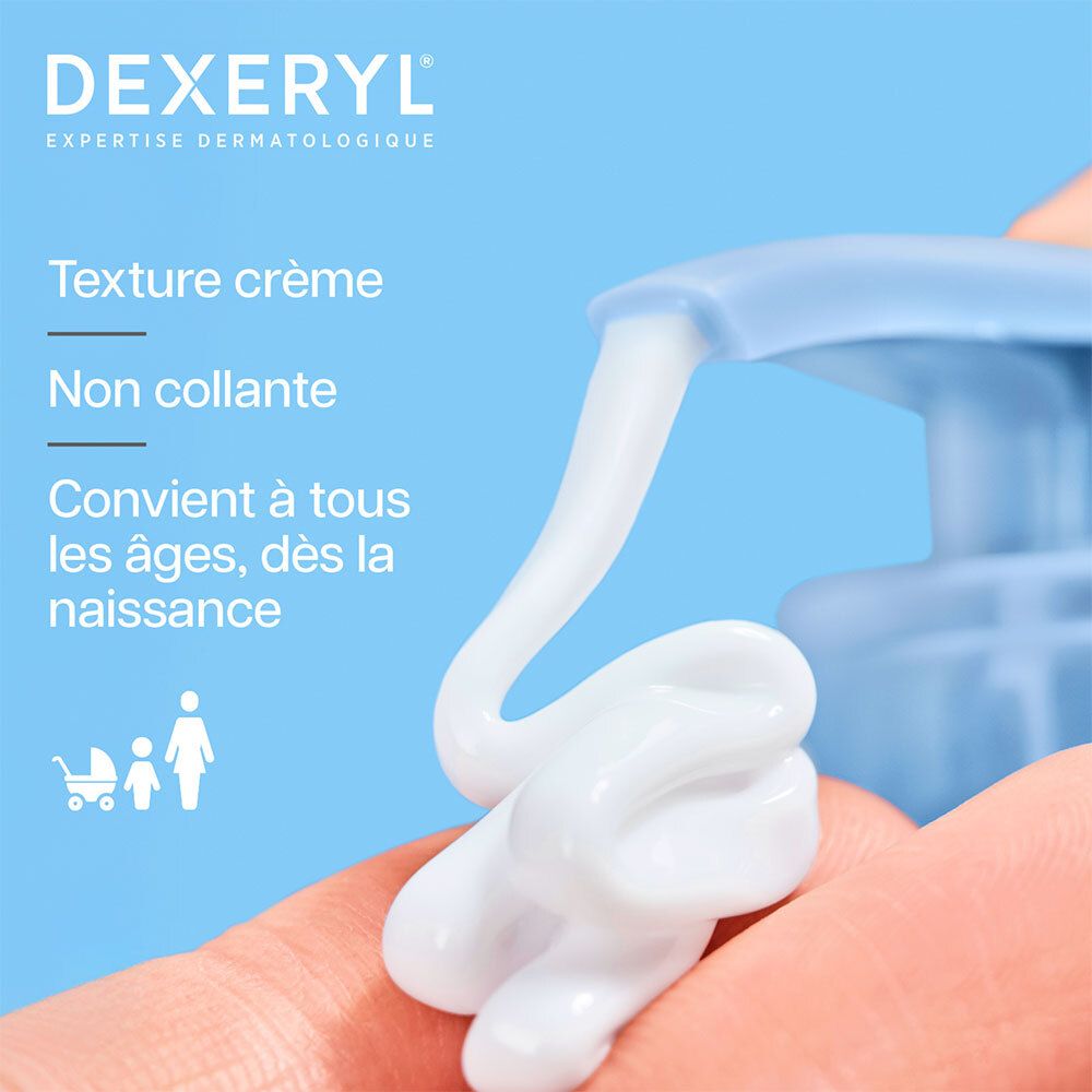 Crème DEXERYL appliquée sur une main. La crème est non collante et convient à tous les âges.