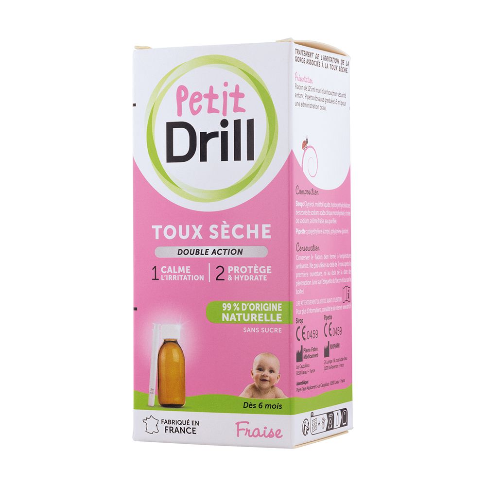 Boîte de Petit Drill. Rose et blanche, avec informations et logo. Illustration de flacon et bébé. Fabriqué en France.