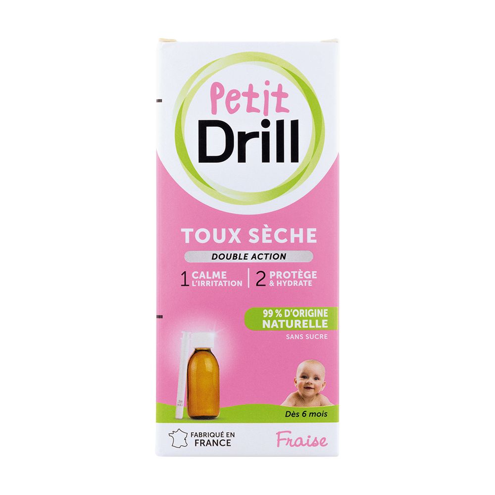 Boîte Petit Drill. Rose et blanche, informations et logo. Flacon et bébé. Fabriqué en France.
