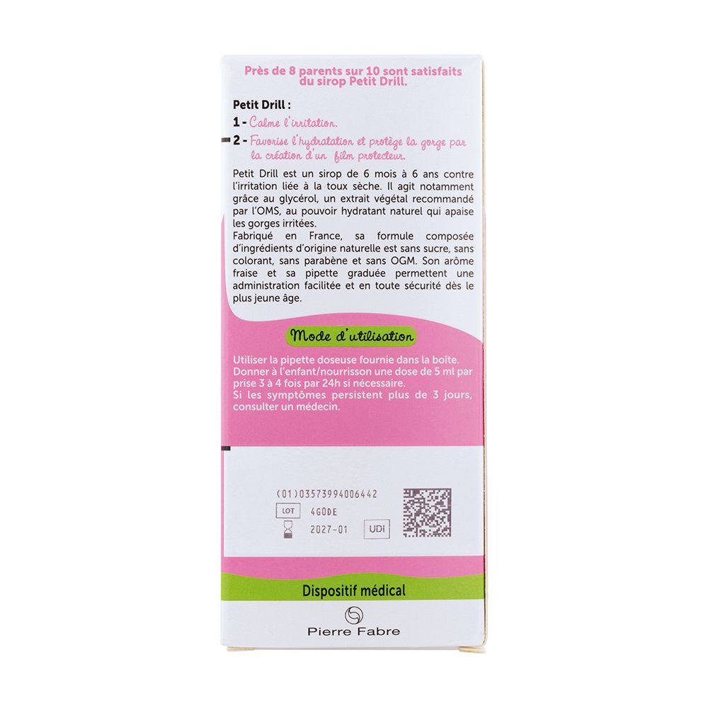 Dos de la boîte Petit Drill. Informations textuelles, mode d'emploi et coordonnées du fabricant. Dispositif médical.