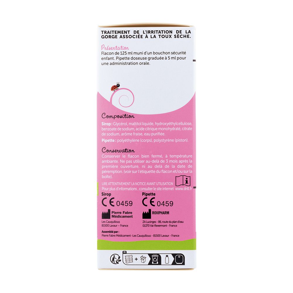 Dos de la boîte Petit Drill. Ingrédients, indications et informations fabricant. Dispositif médical.