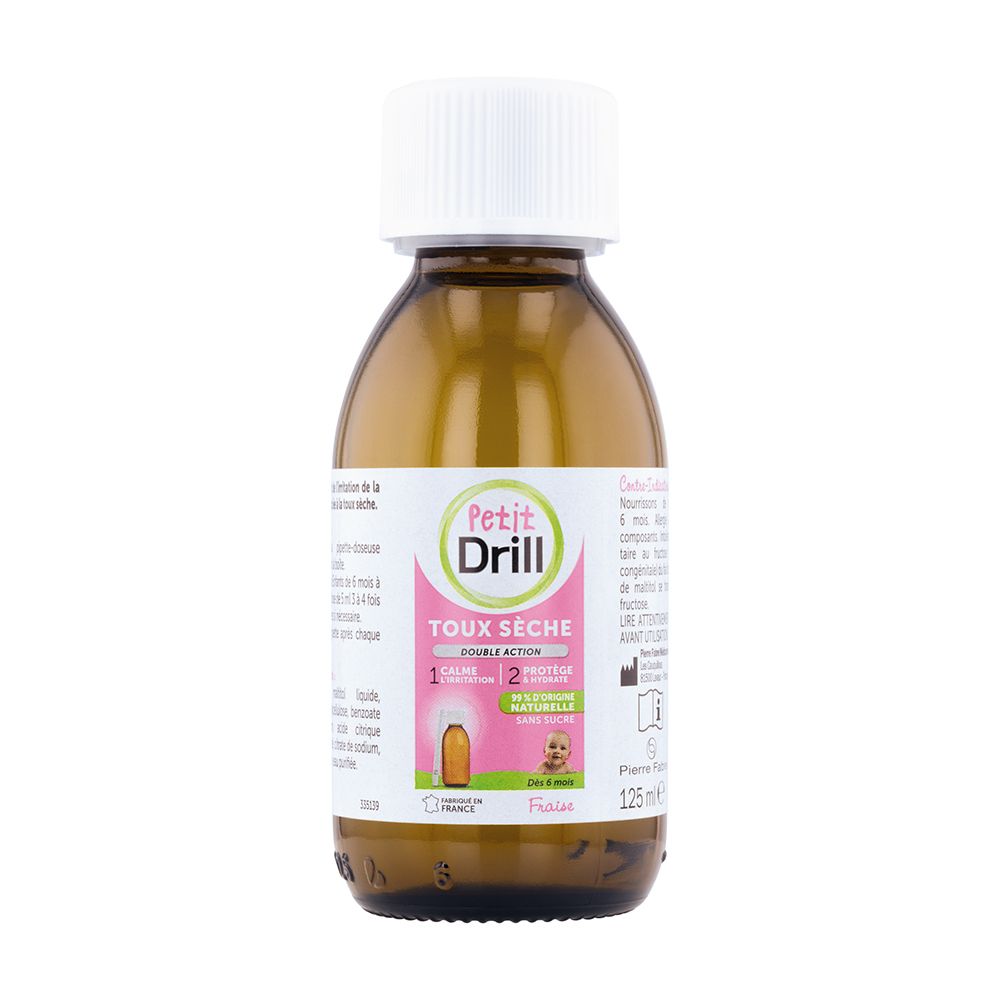 Flacon brun, bouchon blanc. Étiquette avec informations produit. 125 ml.