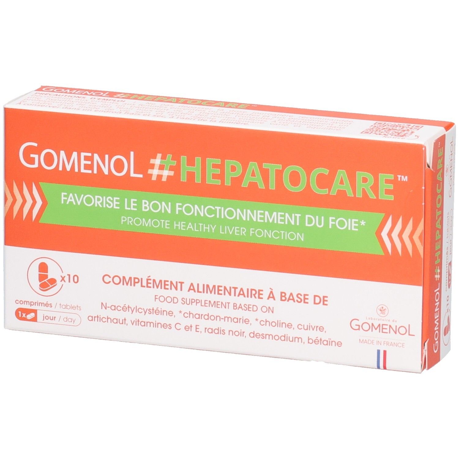 Boîte GOMENOL #HEPATOCARE. Orange et blanche. Texte : 'Favorise le bon fonctionnement du foie'. Contient 10 comprimés. Drapeau français.
