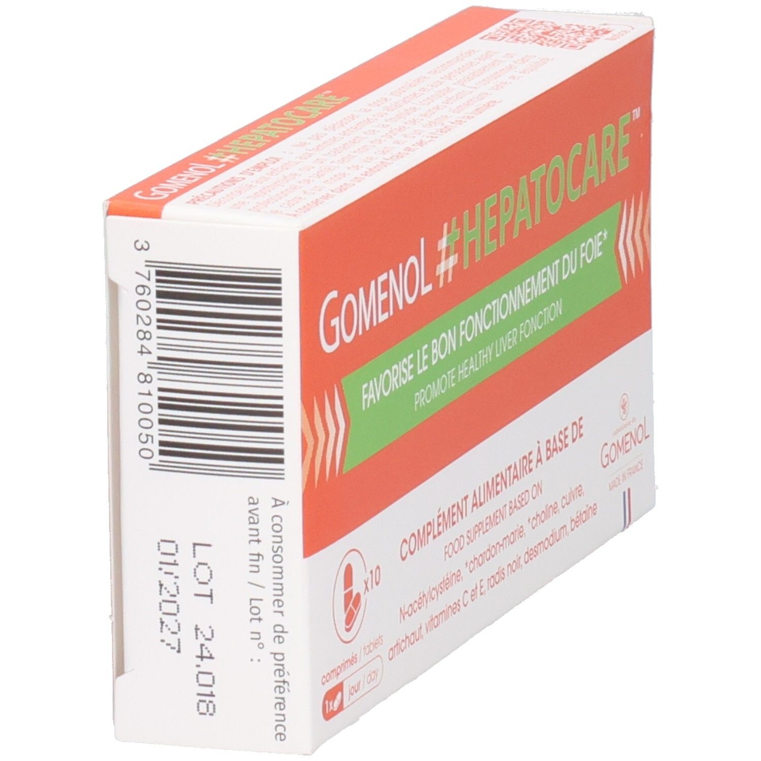 Boîte GOMENOL #HEPATOCARE, en biais. Orange et blanche. Code-barres et texte : 'A consommer de préférence avant fin'. Drapeau français.