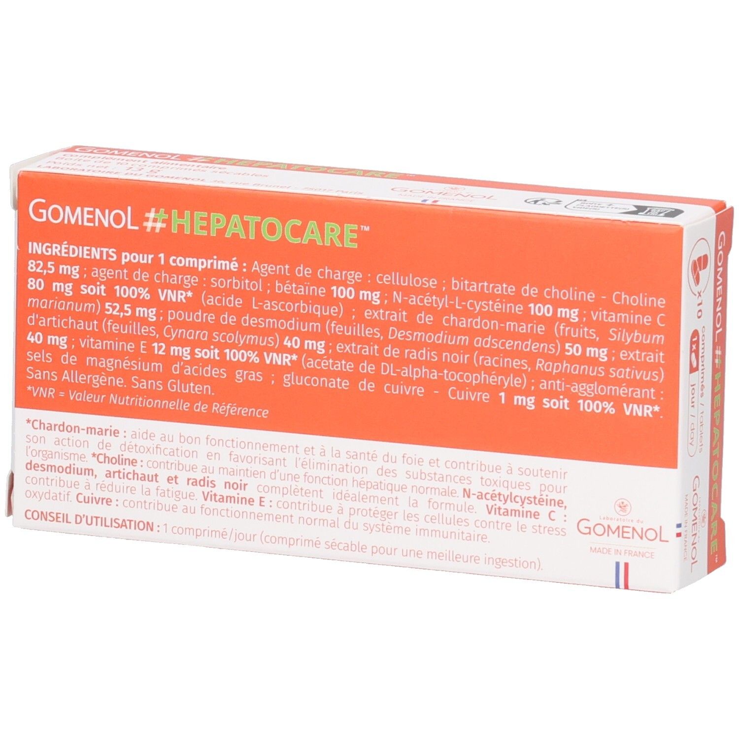 Dos de la boîte GOMENOL #HEPATOCARE. Ingrédients et conseils d'utilisation. Texte : 'Conseil d'utilisation'. Drapeau français.
