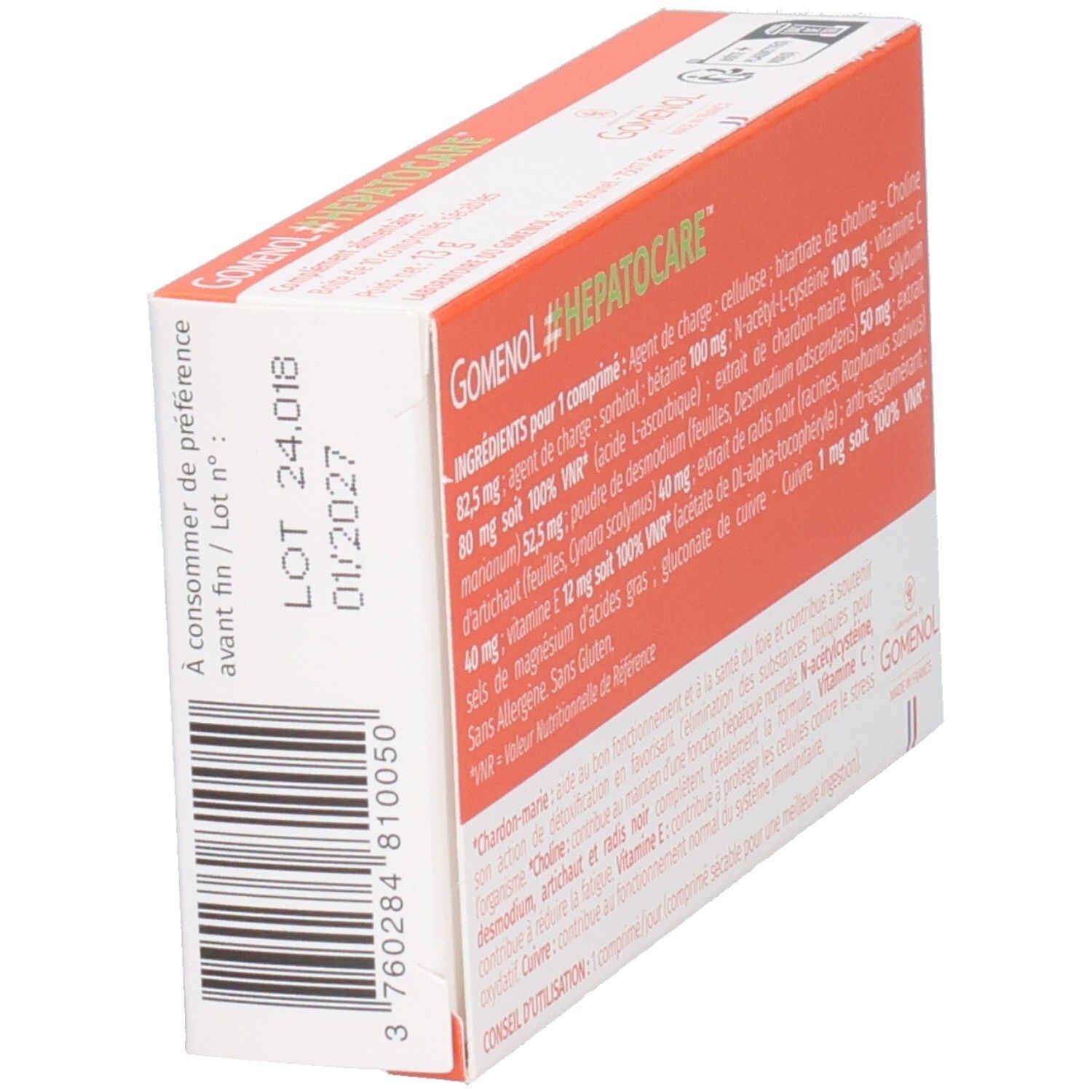 Boîte GOMENOL #HEPATOCARE, en biais. Orange et blanche. Code-barres et texte : 'A consommer de préférence avant fin'. Drapeau français.