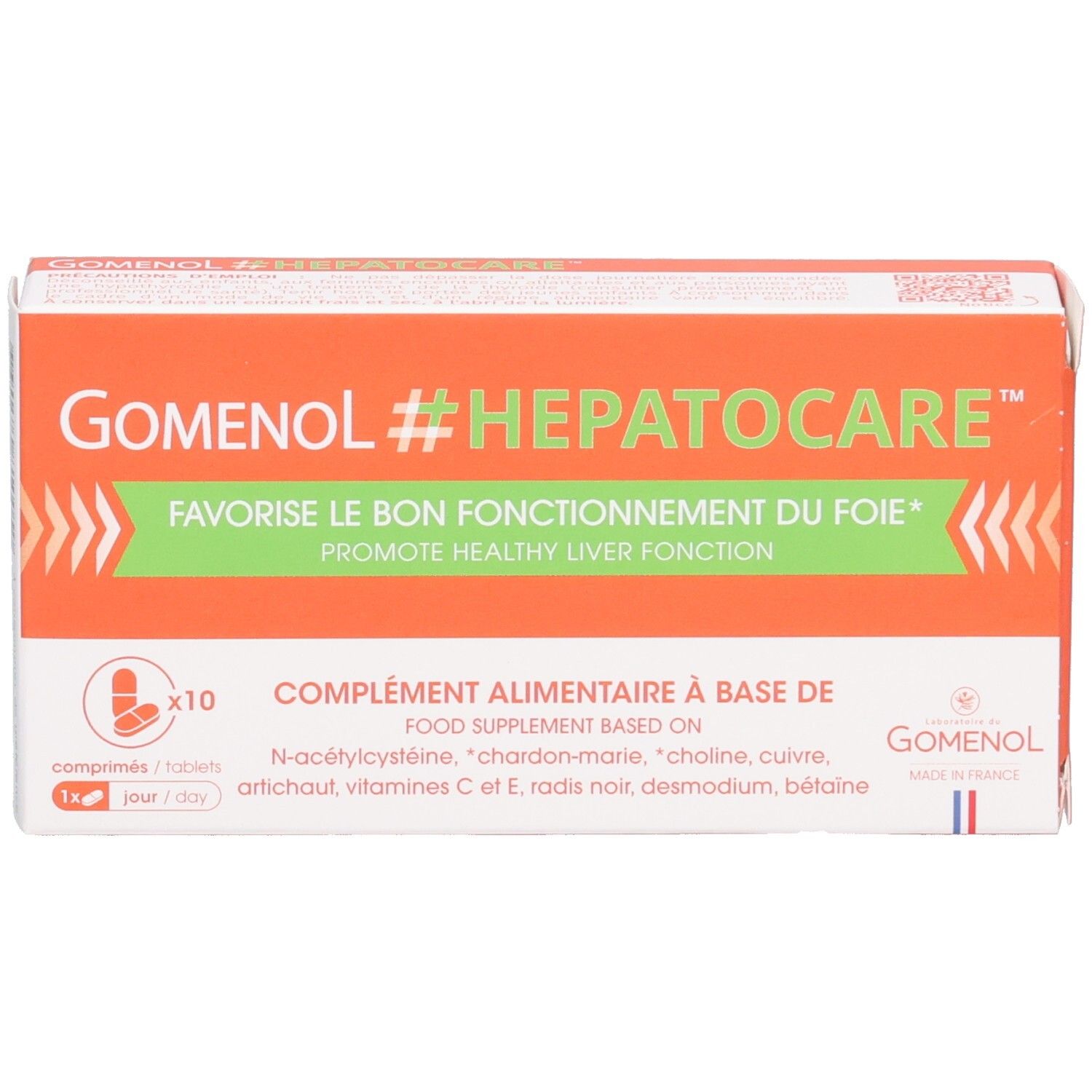 Boîte GOMENOL #HEPATOCARE. Orange et blanche. Texte : 'Favorise le bon fonctionnement du foie'. Contient 10 comprimés. Drapeau français.
