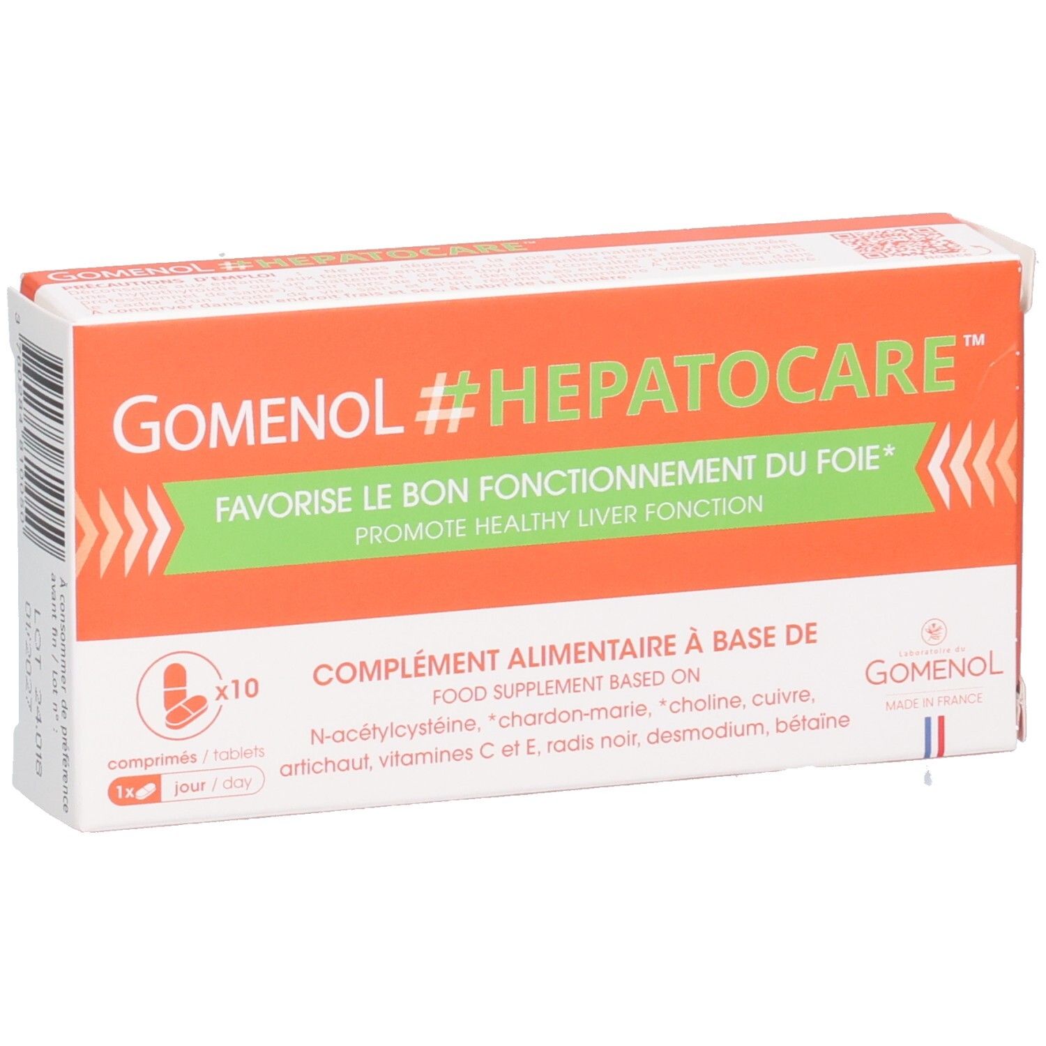 Boîte GOMENOL #HEPATOCARE. Orange et blanche. Texte : 'Favorise le bon fonctionnement du foie'. Contient 10 comprimés. Drapeau français.
