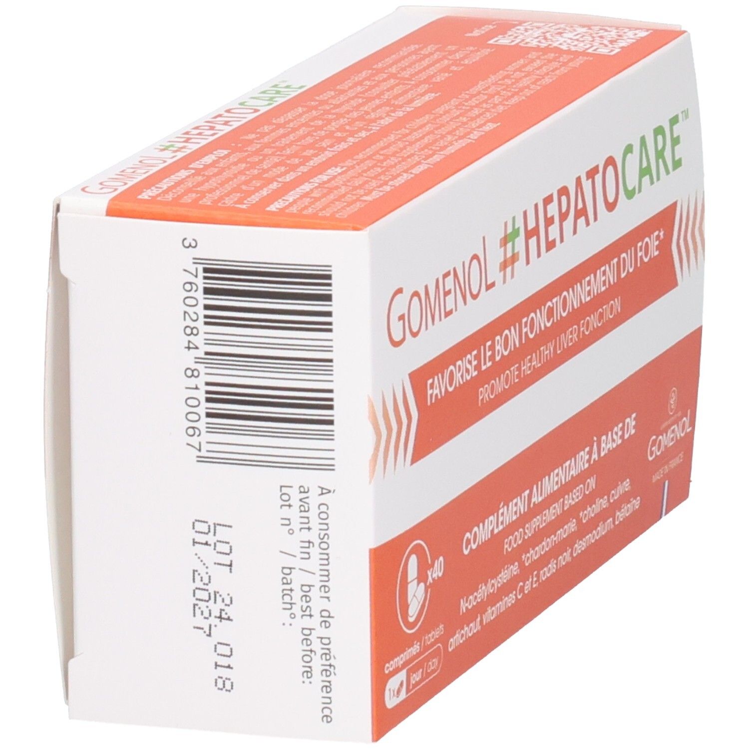 Boîte GOMENOL #HEPATOCARE, 40 comprimés. Orange et blanc. Impression avec numéro de lot et date de péremption.