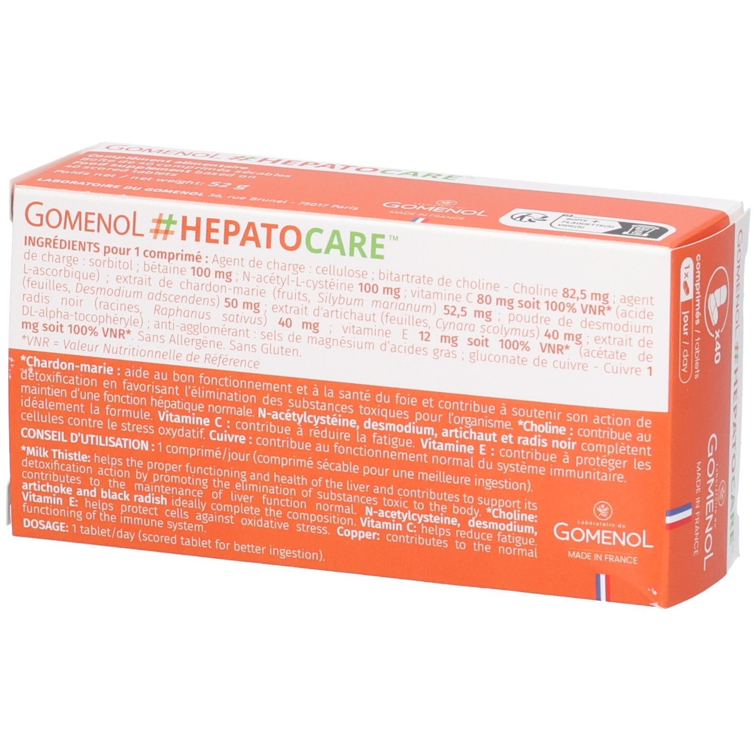 Dos de la boîte GOMENOL #HEPATOCARE. Texte avec ingrédients et instructions d'utilisation. Orange et blanc.