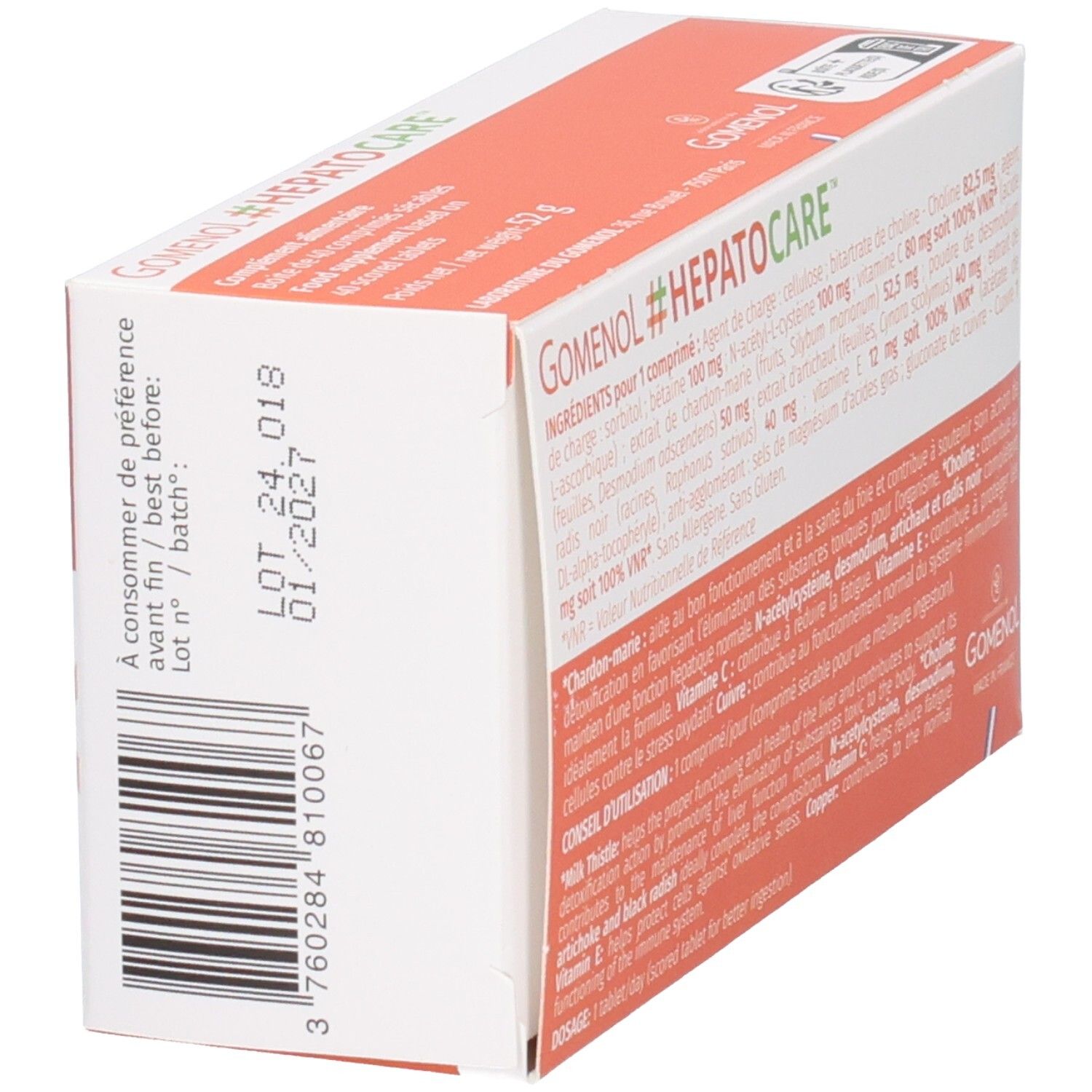 Boîte GOMENOL #HEPATOCARE. Texte avec ingrédients et instructions d'utilisation. Orange et blanc. Numéro de lot.
