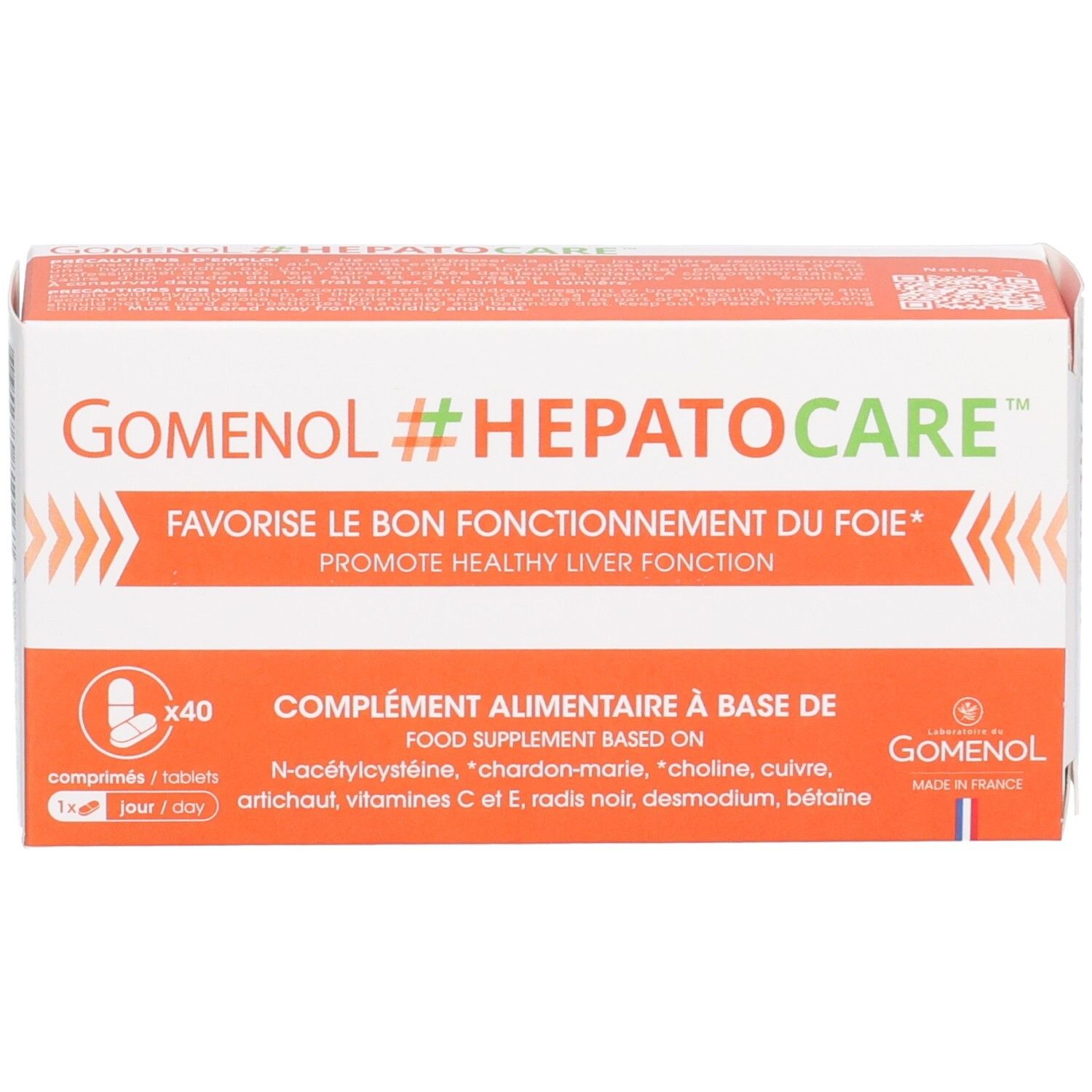 Boîte GOMENOL #HEPATOCARE, 40 comprimés. Orange et blanc. Texte : « Favorise le bon fonctionnement du foie ».