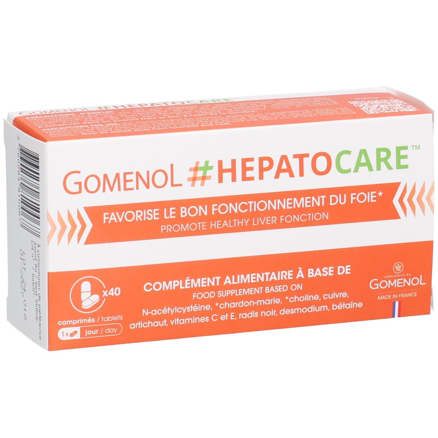 Boîte GOMENOL #HEPATOCARE, 40 comprimés. Orange et blanc. Texte : « Favorise le bon fonctionnement du foie ».