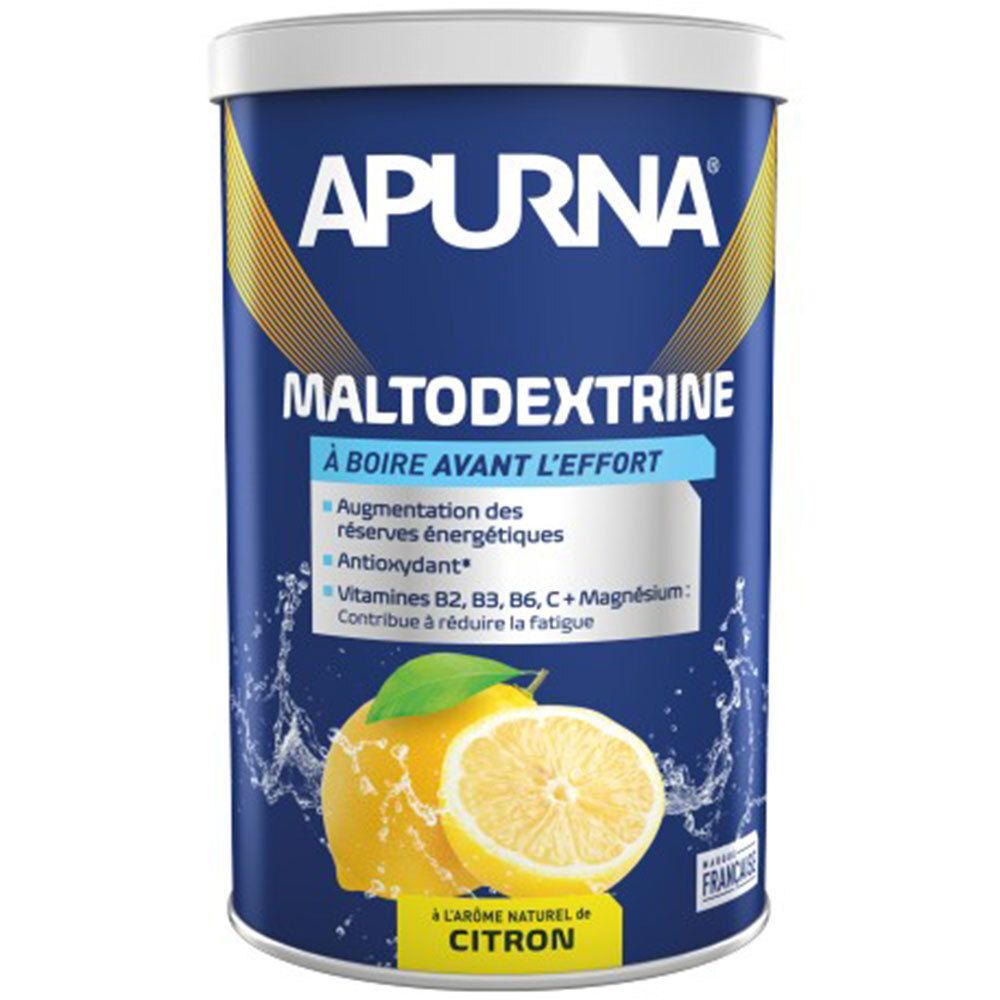 Boîte cylindrique APURNA Maltodextrine Citron. Boîte bleue avec citron et informations produit.
