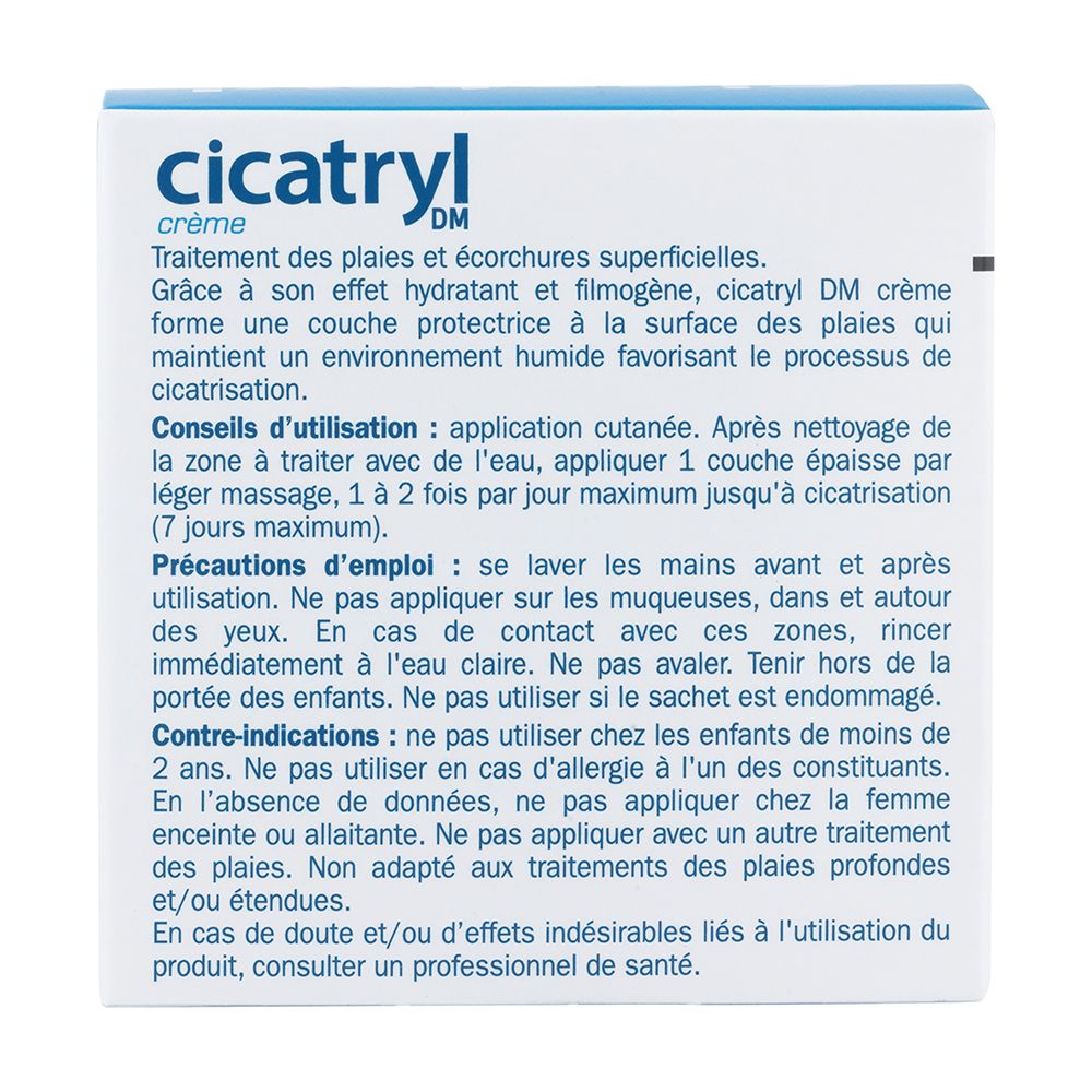 Dos de la boîte de crème CICATRYL. Texte sur l'utilisation, les précautions et les contre-indications. Dispositif médical.