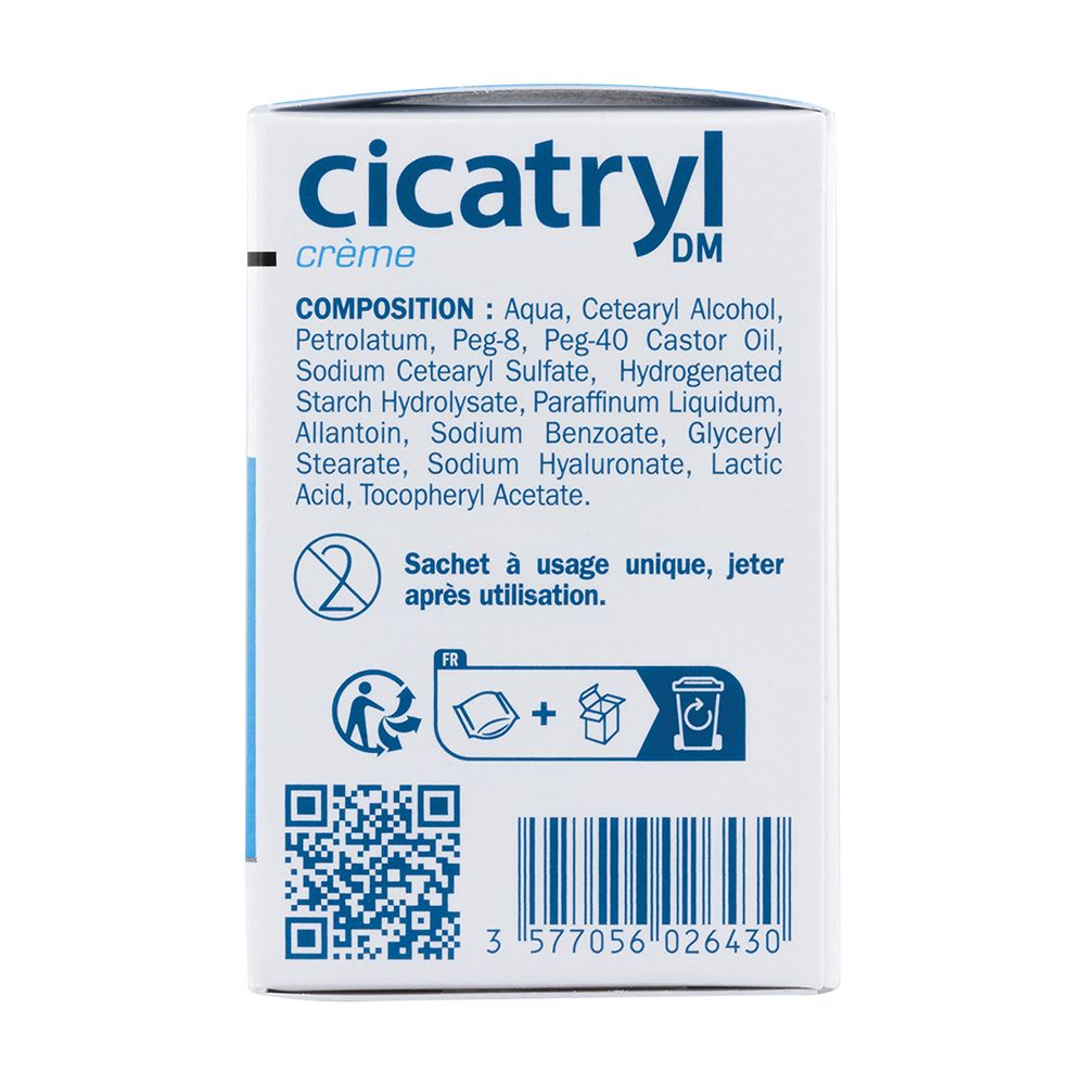 Dos de la boîte de crème CICATRYL. Composition, instructions d'utilisation et code QR. Dispositif médical.