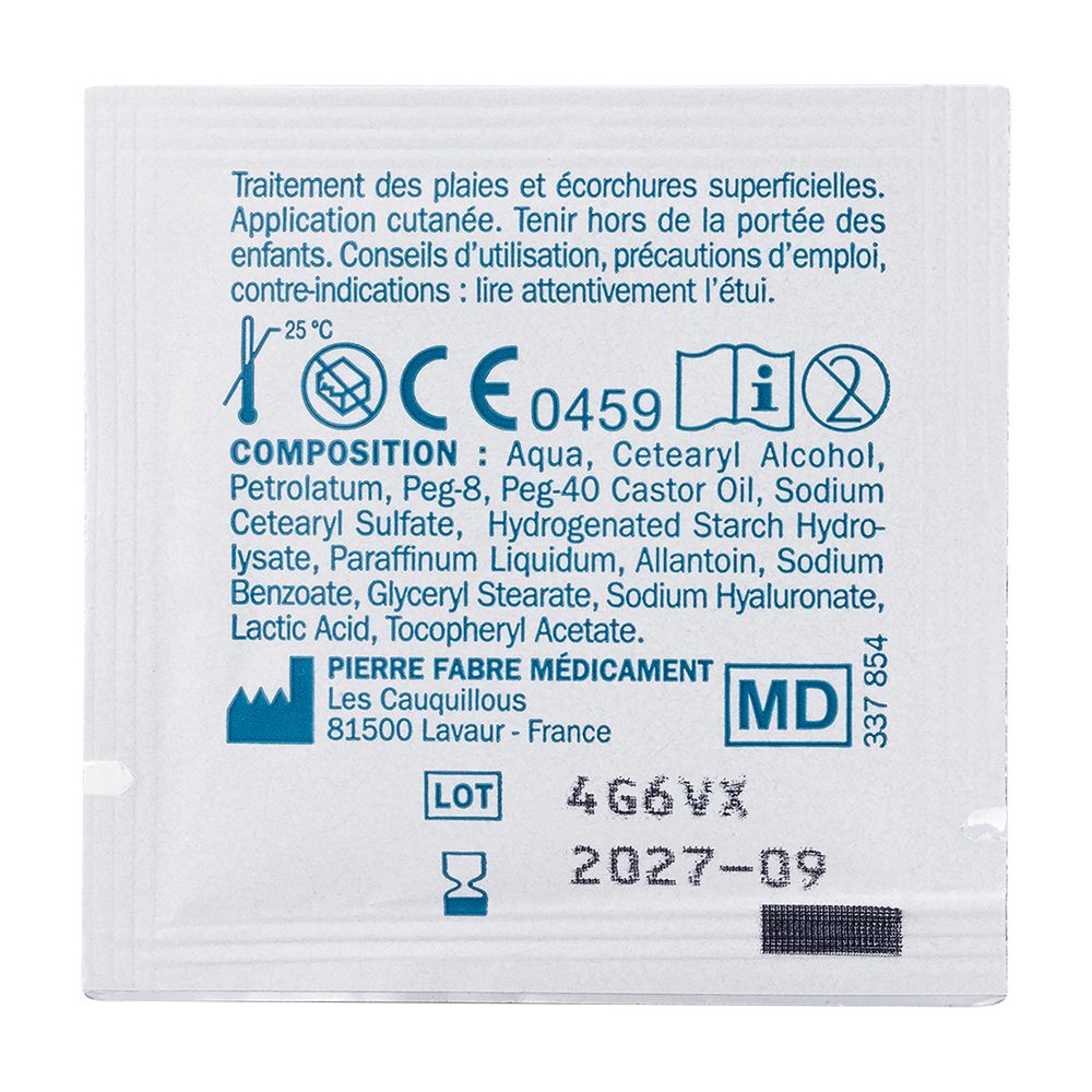 Dos du sachet avec ingrédients et informations médicales. Marquage CE. Fond blanc.