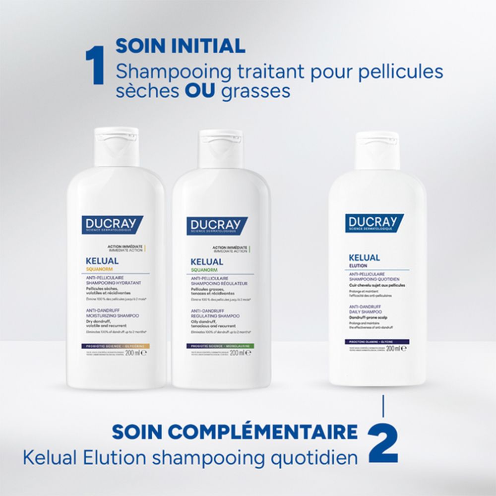 Trois flacons de shampooing. Inscription: DUCRAY, KELUAL. 200ml. Soin Initial et Soin Complémentaire.