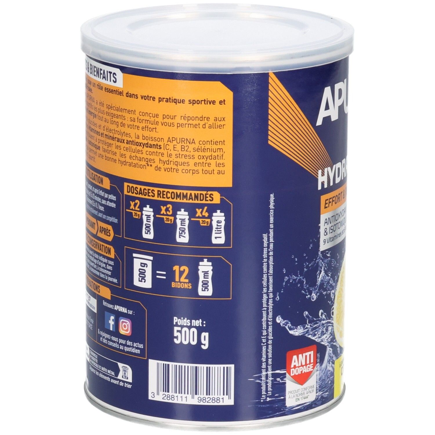 Arrière de la boîte Apurna Hydratation: informations nutritionnelles, dosage recommandé, 500g.