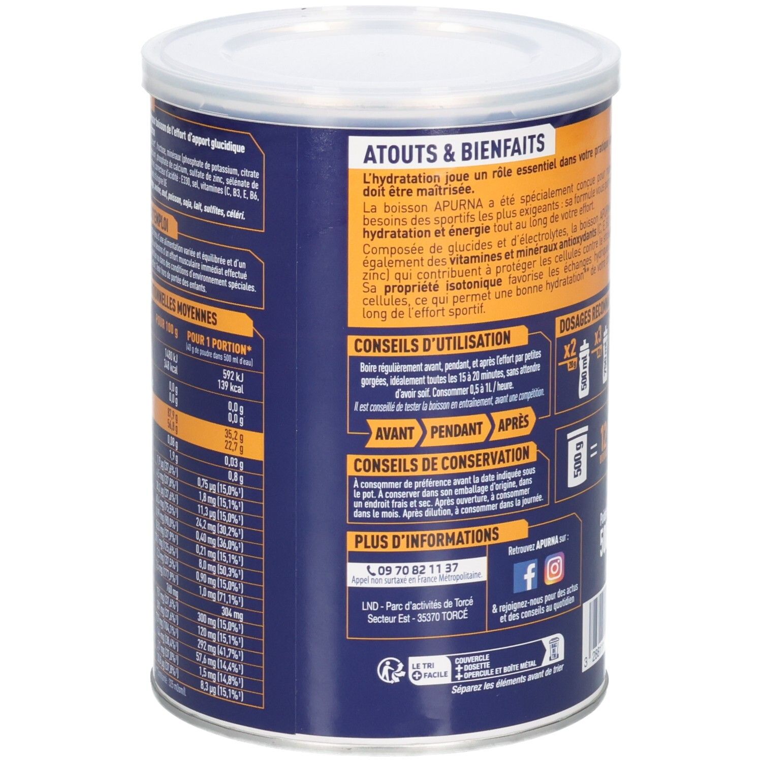 Vue latérale de la boîte Apurna Hydratation: informations nutritionnelles, conseils d'utilisation, ingrédients.