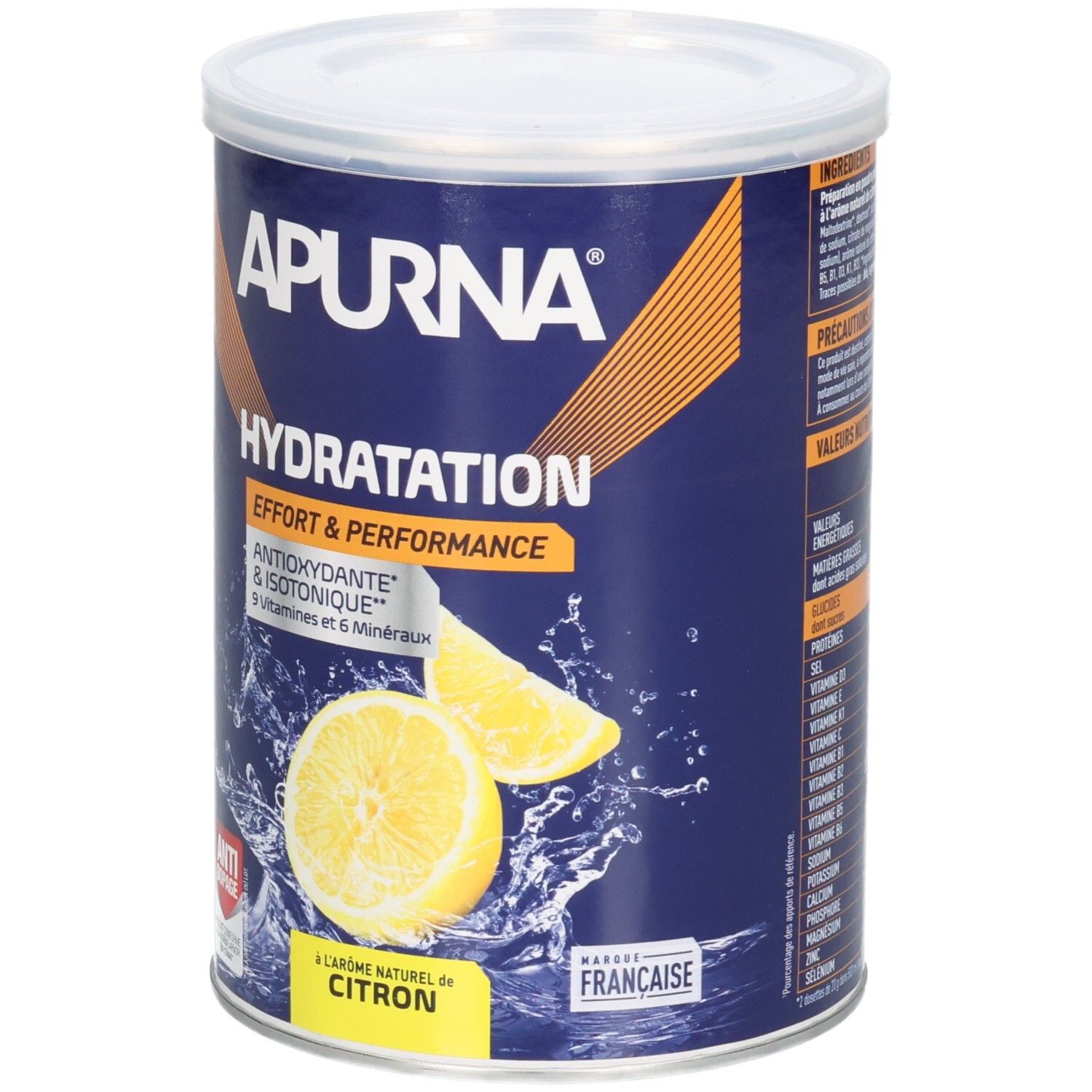 Boîte Apurna Hydratation citron, Antioxydant & Isotonique, 9 vitamines, 6 minéraux.