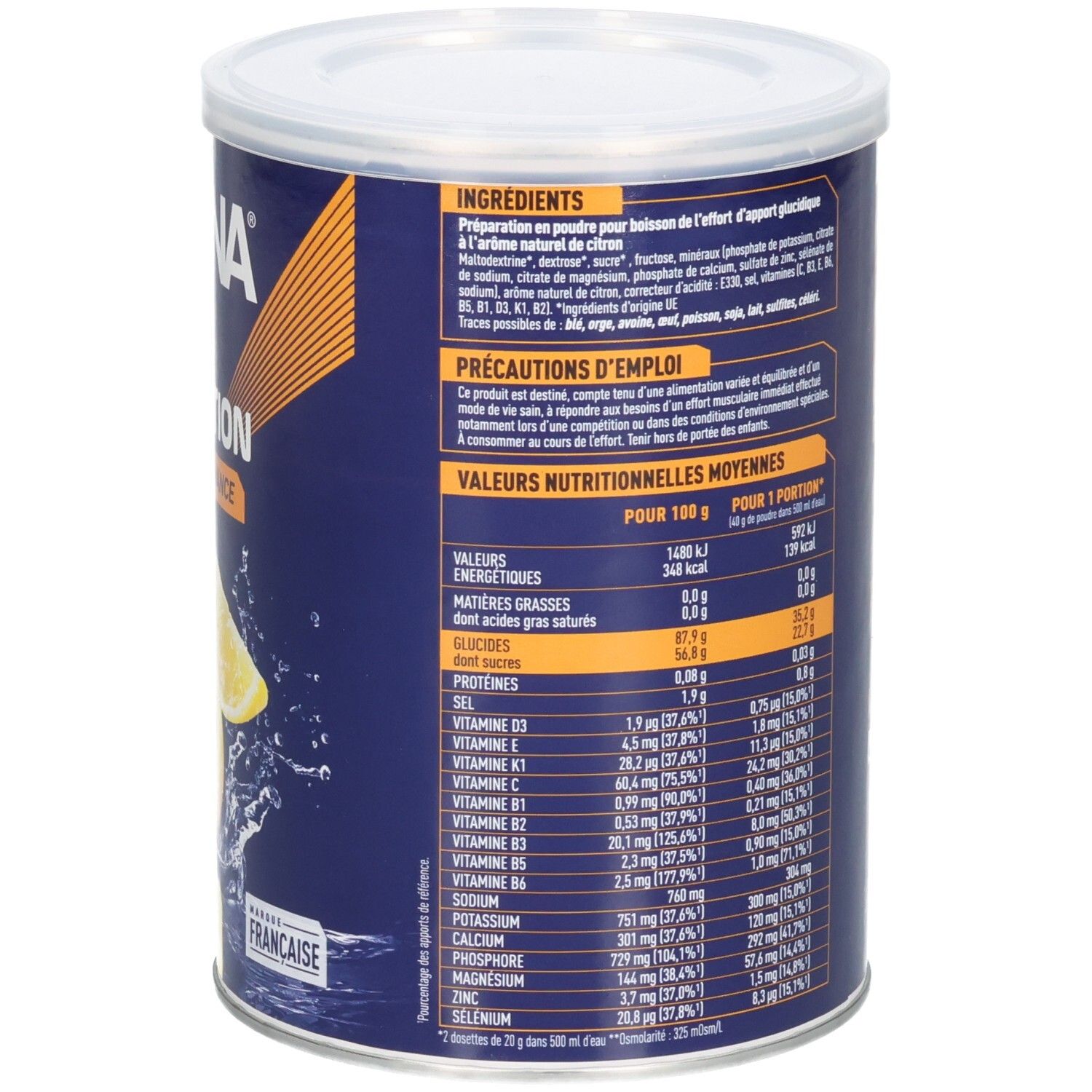 Arrière de la boîte Apurna Hydratation: informations nutritionnelles pour 100g et par portion, ingrédients.