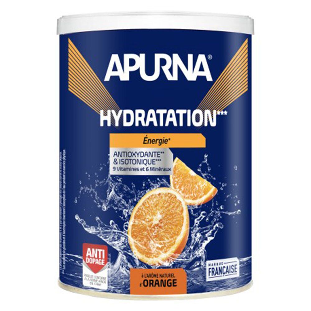Boîte bleue APURNA HYDRATATION avec oranges et éclaboussures d'eau. Inscription : Énergie, Antioxydant, 9 vitamines, 6 minéraux. Saveur orange.