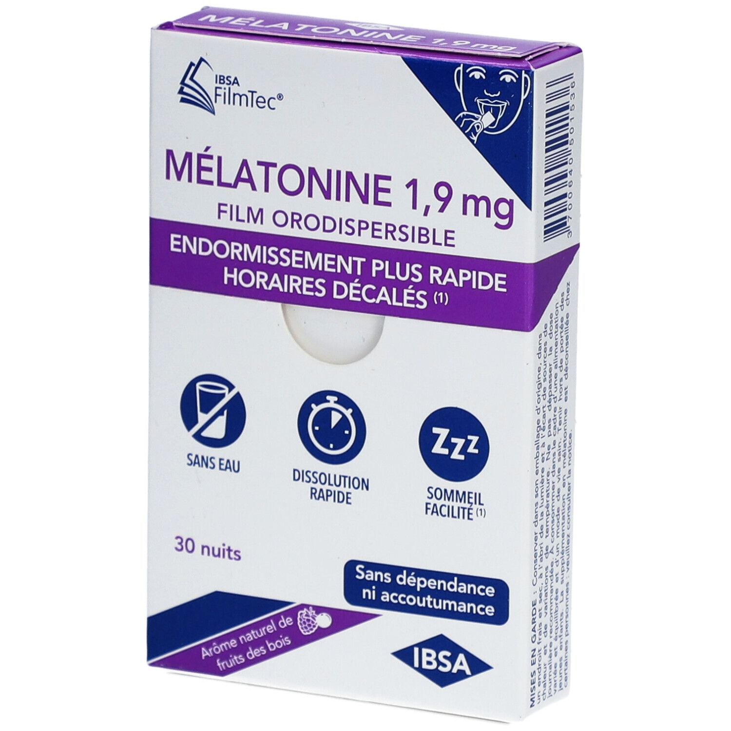 Boîte de Mélatonine 1,9 mg, film orodispersible. 30 nuits. Logo IBSA Filmtec. Sans eau, dissolution rapide, facilite le sommeil.