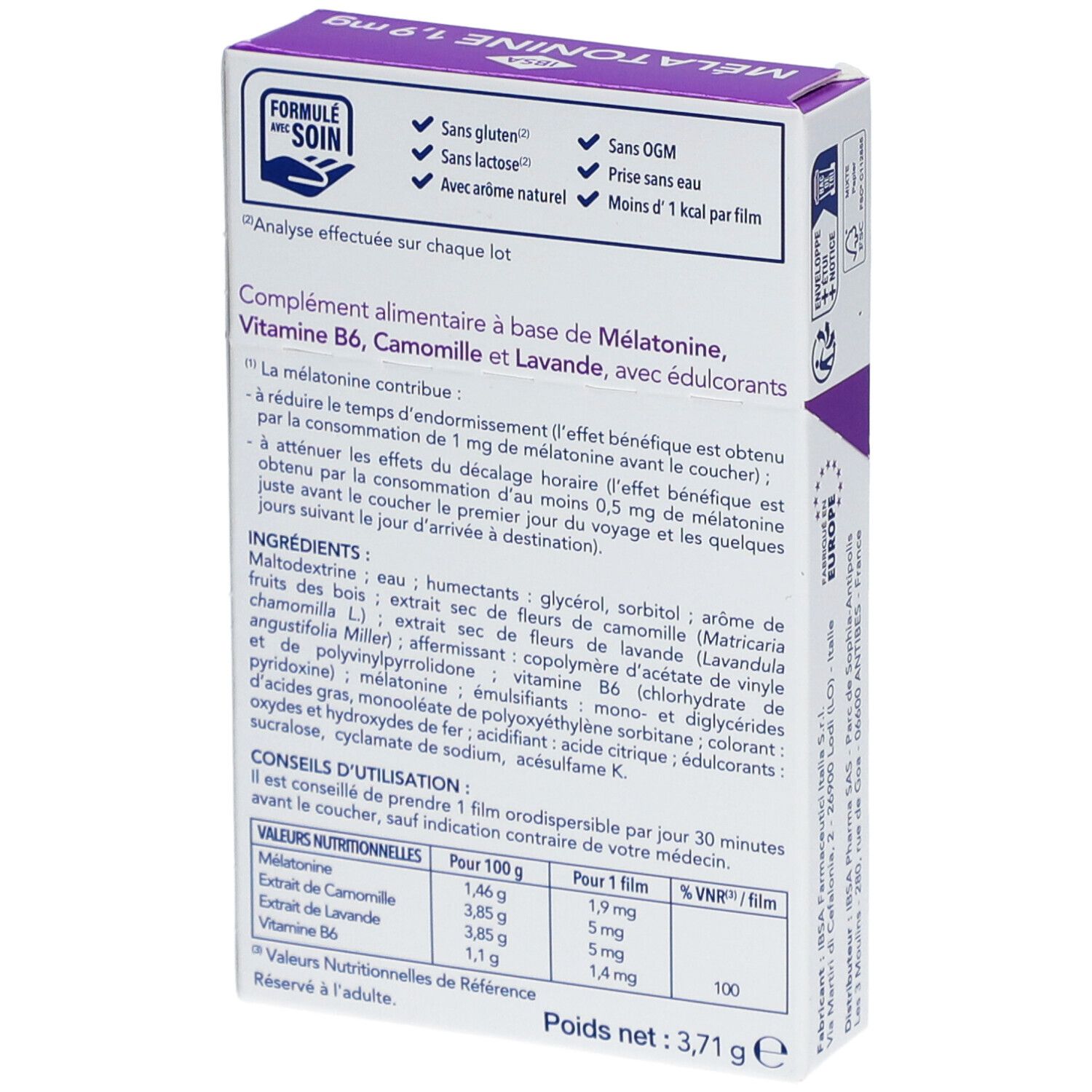 Dos de la boîte de Mélatonine. Contient des informations sur les ingrédients, les valeurs nutritionnelles et les conseils d'utilisation. Texte en français.