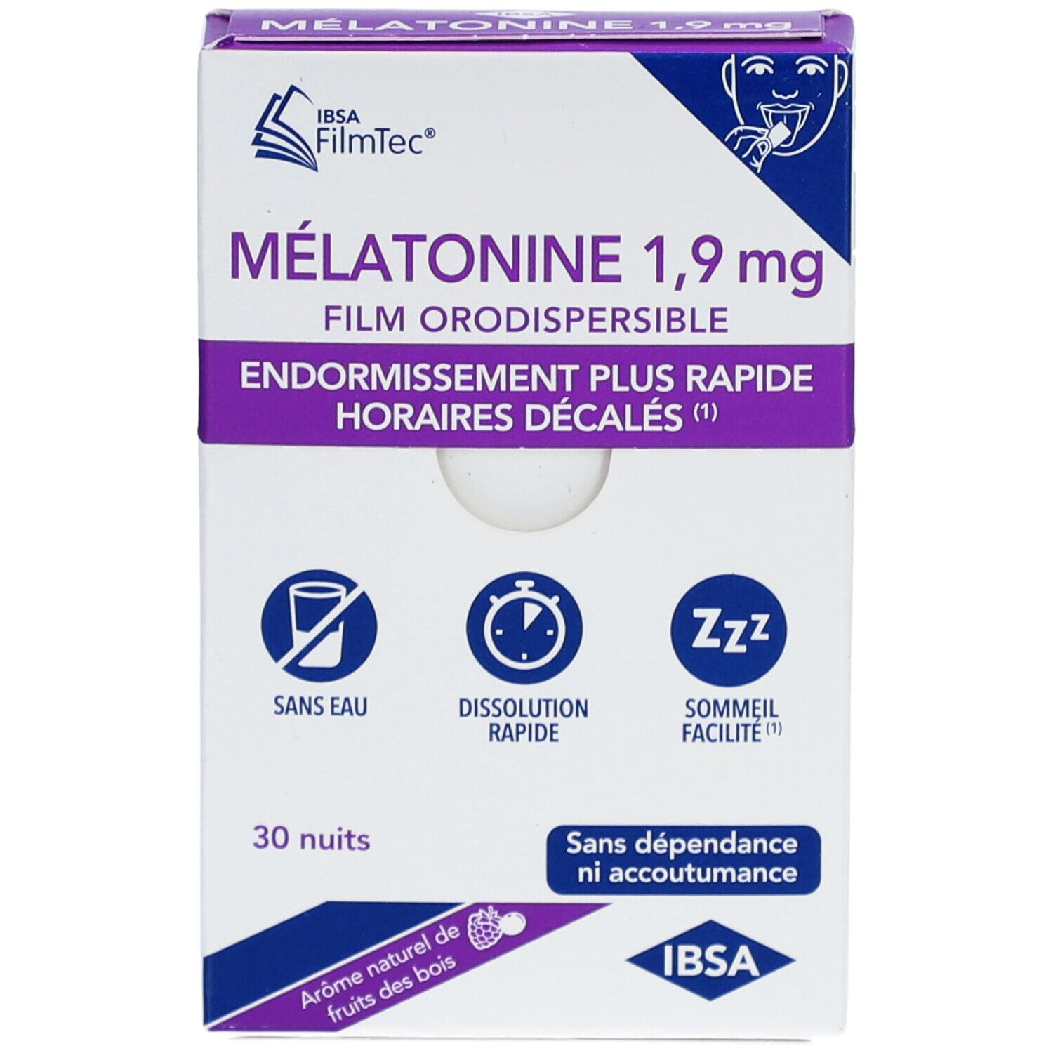 Boîte de Mélatonine 1,9 mg, film orodispersible. 30 nuits. Logo IBSA Filmtec. Sans eau, dissolution rapide, facilite le sommeil.