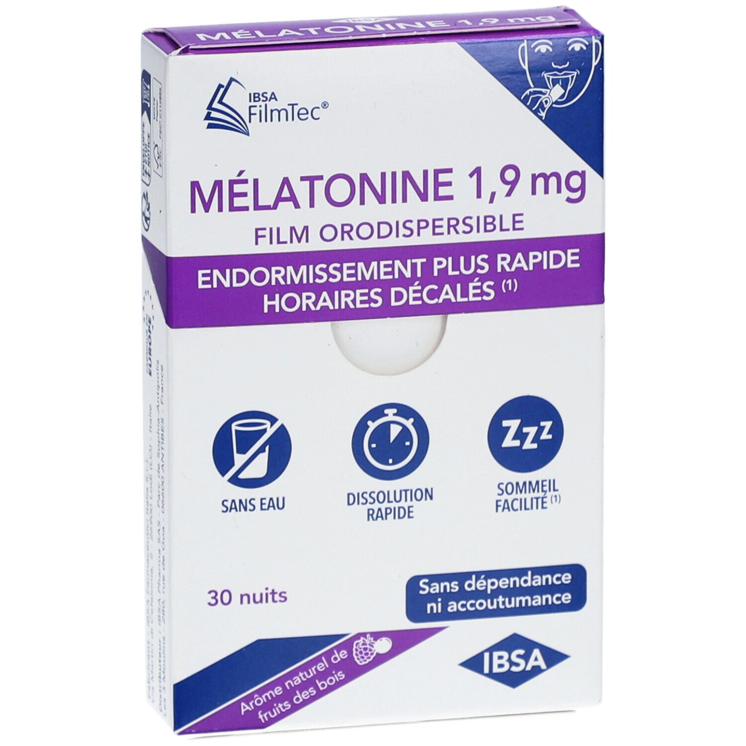 Boîte de Mélatonine 1,9 mg, film orodispersible. 30 nuits. Logo IBSA Filmtec. Sans eau, dissolution rapide, facilite le sommeil.