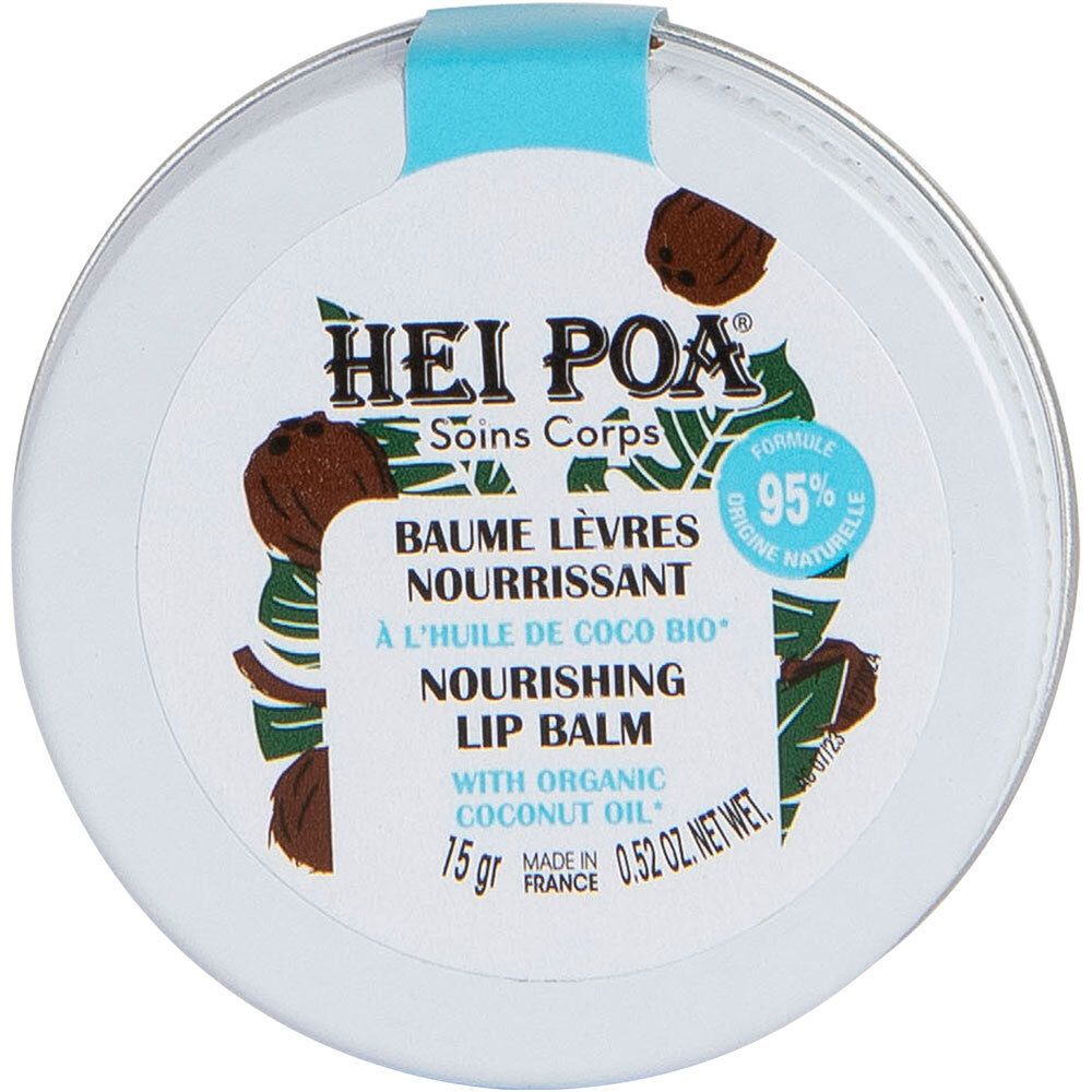 Boîte ronde avec couvercle bleu. Étiquette avec nom du produit, illustrations de noix de coco et texte: HEI POA, Baume Lèvres Nourrissant.