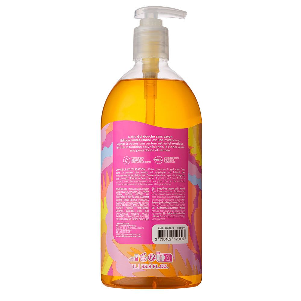 Dos du flacon. Étiquette rose avec texte et code-barres. Flacon transparent avec contenu jaune. Pompe.