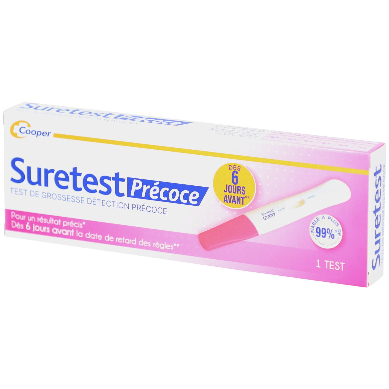 Boîte de Suretest Précoce. Blanc, rose et jaune. Contient un test de grossesse.