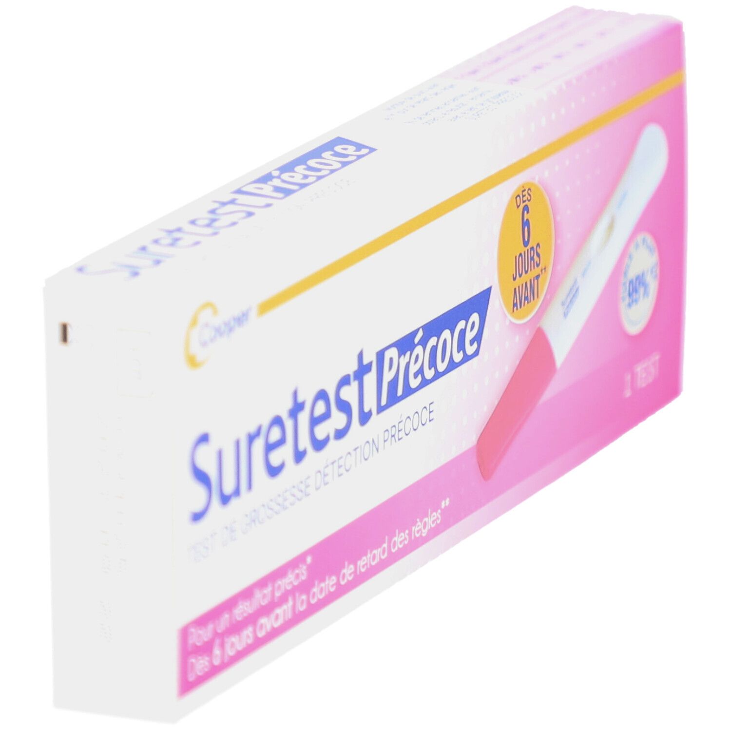 Boîte de Suretest Précoce en biais. Blanc, rose et jaune. Contient un test de grossesse.
