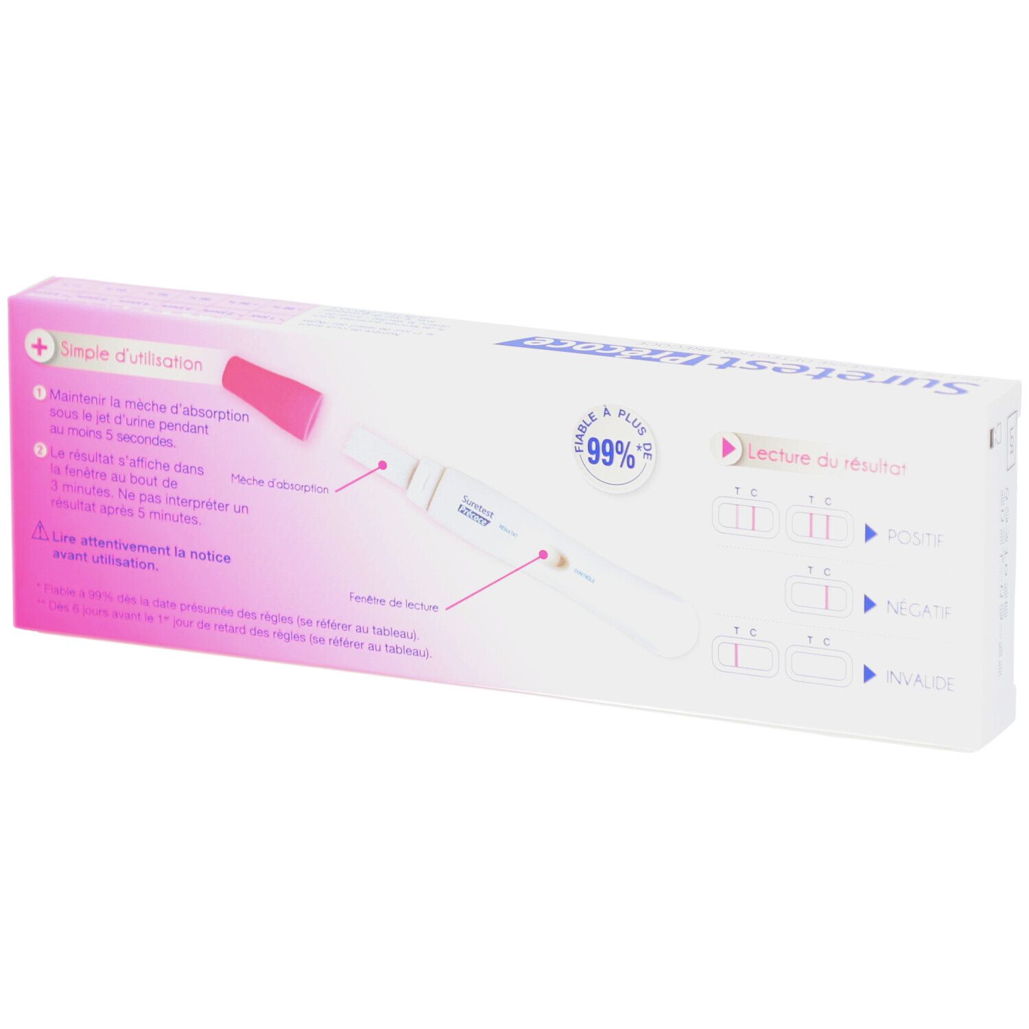 Dos de la boîte Suretest Précoce. Instructions et résultats. Blanc et rose.