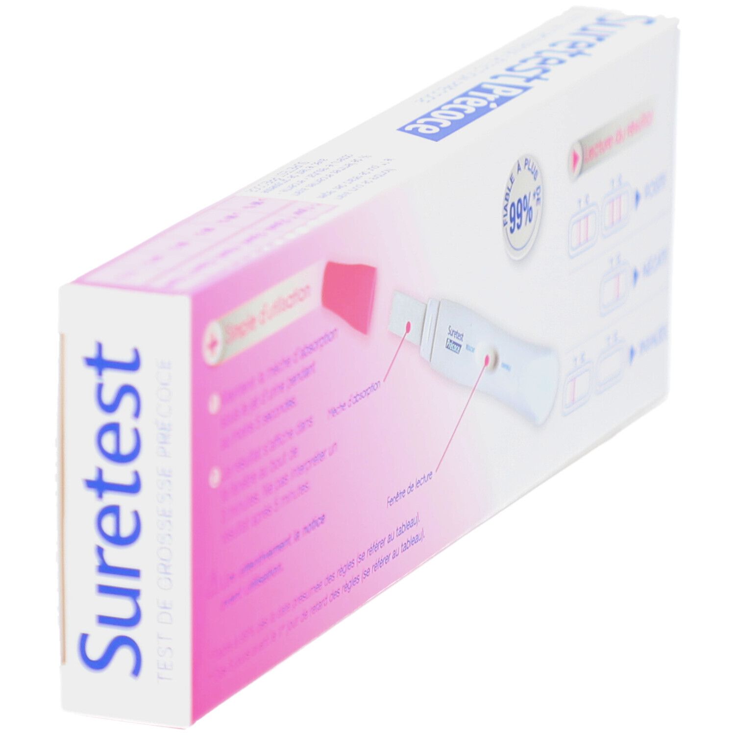 Boîte Suretest Précoce en biais, dos avec instructions. Blanc et rose.