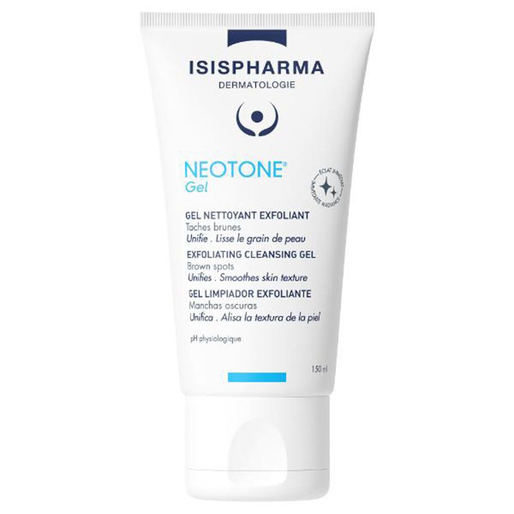 Tube blanche, texte bleu. ISISPHARMA, NEOTONE Gel. Gel nettoyant exfoliant. 150ml.