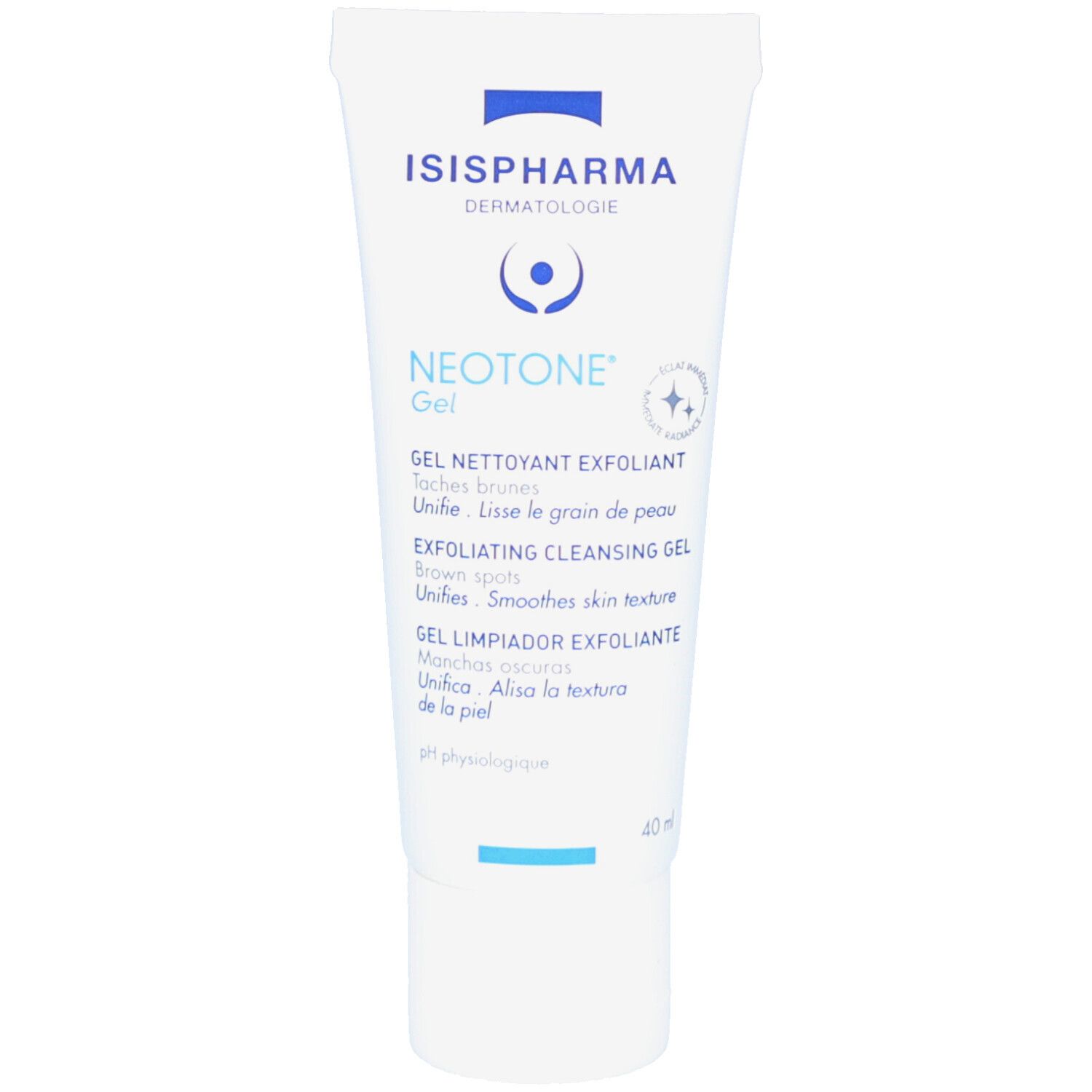 Tube blanc, texte bleu. ISISPHARMA, NEOTONE Gel. Gel nettoyant exfoliant. 40ml.