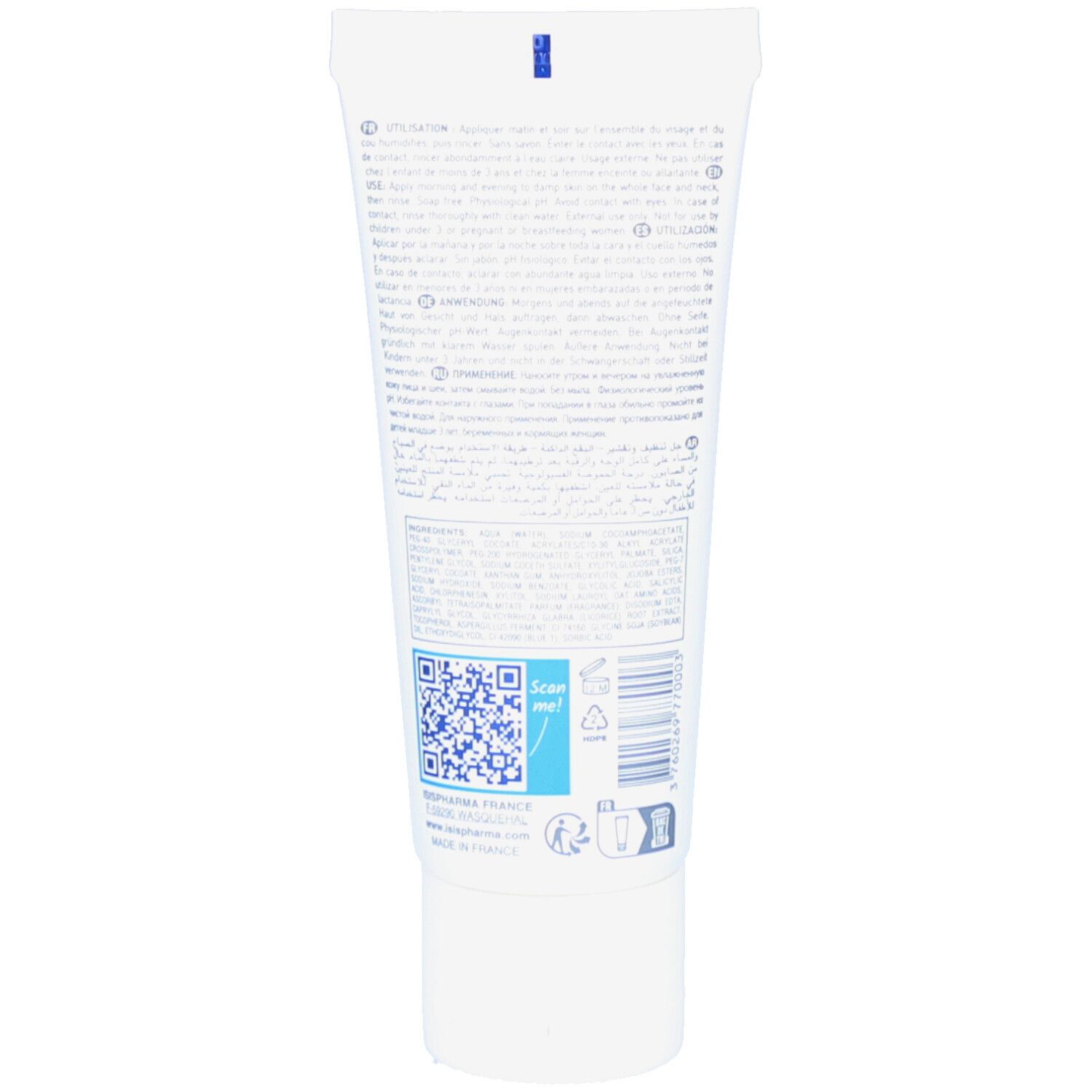 Dos d'un tube blanc. Texte multilingue. Code QR et informations fabricant.