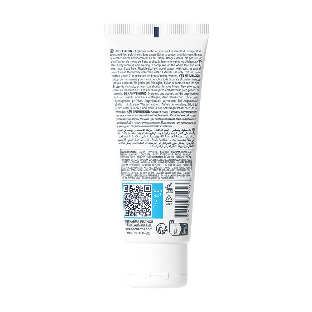 Dos d'un tube blanc. Texte multilingue. Code QR et informations fabricant.