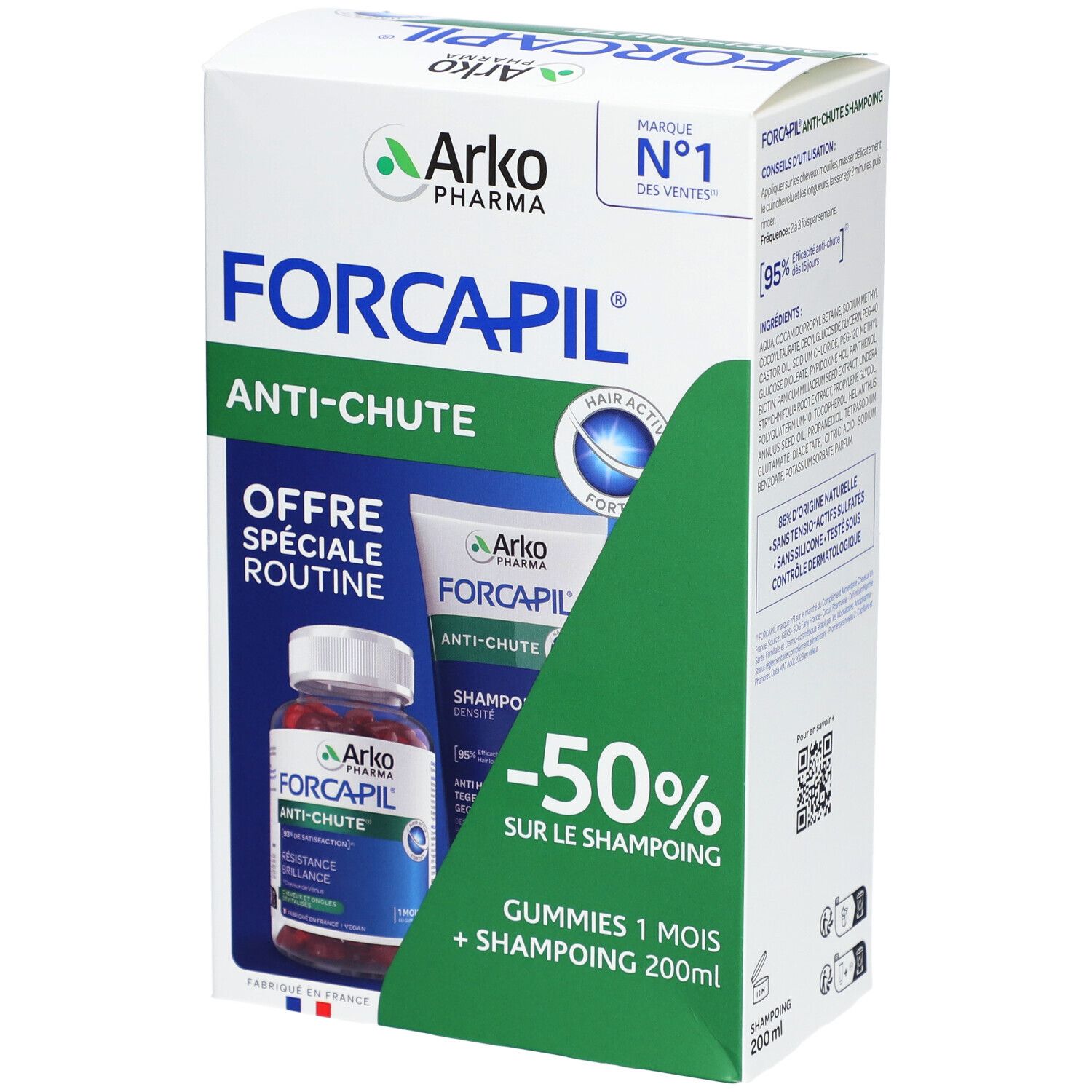 Boîte Forcapil Anti-Chute. Contient gummies et shampooing. Marque Arko Pharma. Inscription : Anti-chute.