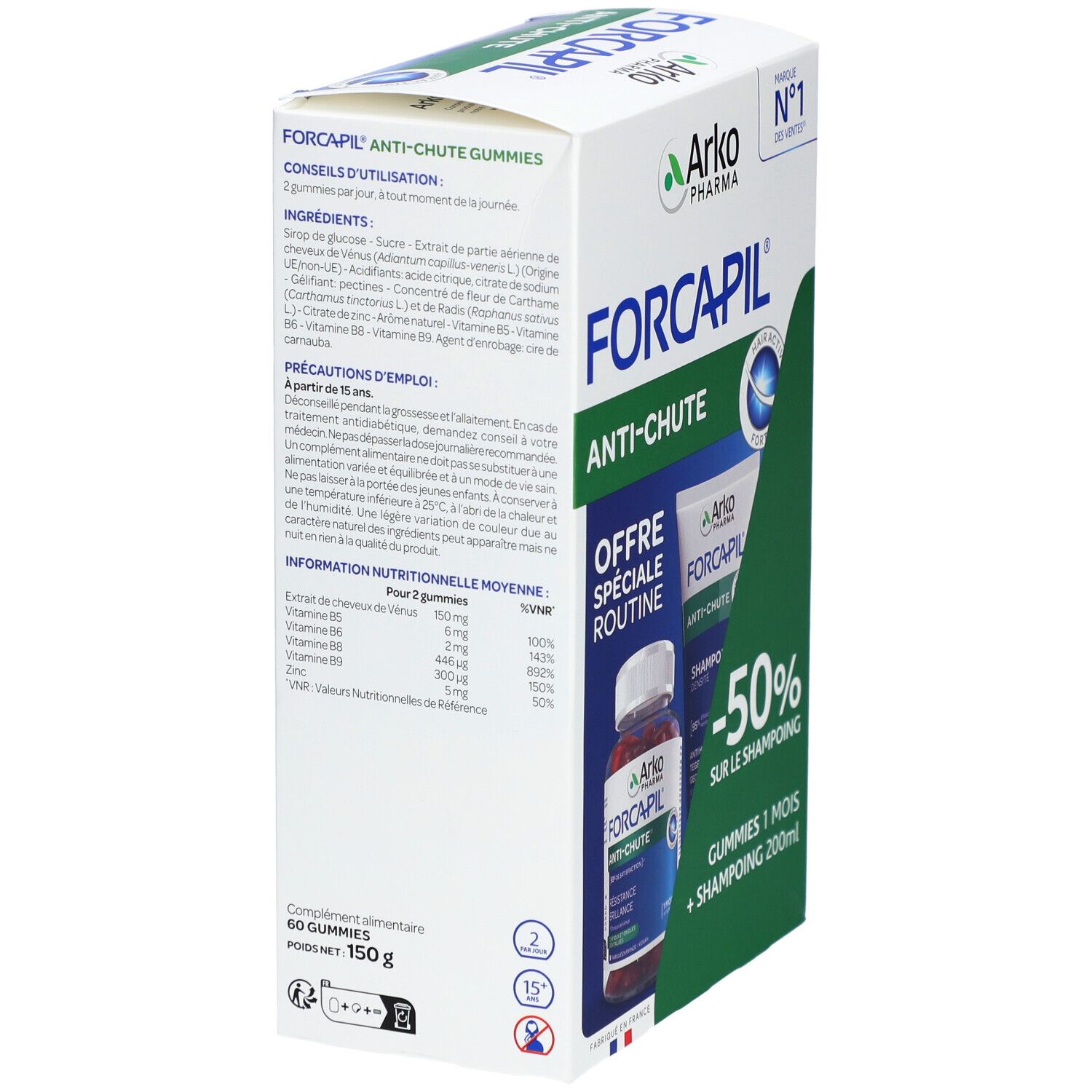 Boîte Forcapil Anti-Chute. Contient gummies. Ingrédients et conseils d'utilisation. Marque Arko Pharma.