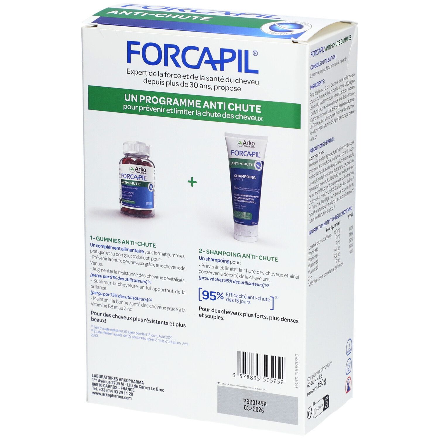 Dos de la boîte Forcapil Anti-Chute. Contient gummies et shampooing. Marque Arko Pharma. Texte : Anti-chute.