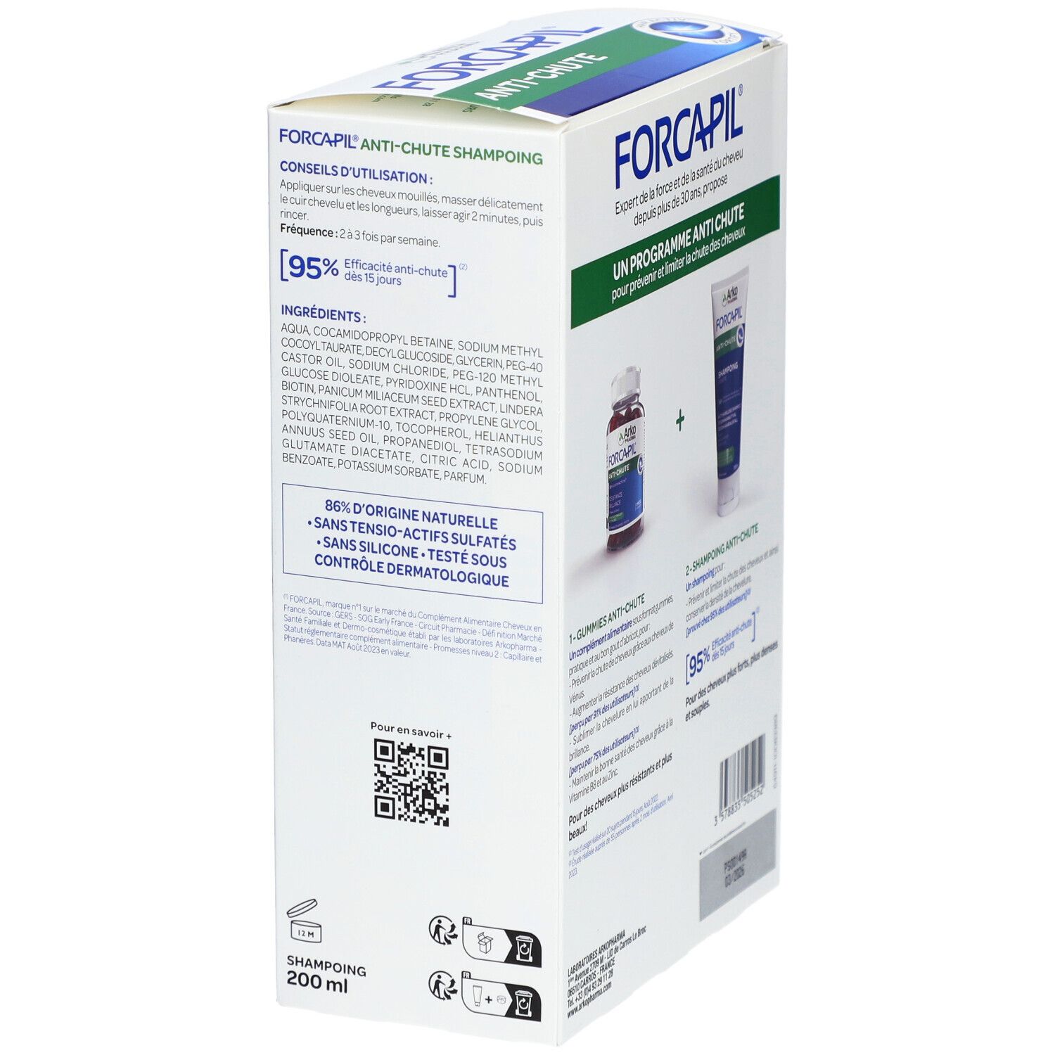 Côté de la boîte Forcapil Anti-Chute. Contient shampooing. Marque Arko Pharma. Texte : Anti-chute. 200 ml.